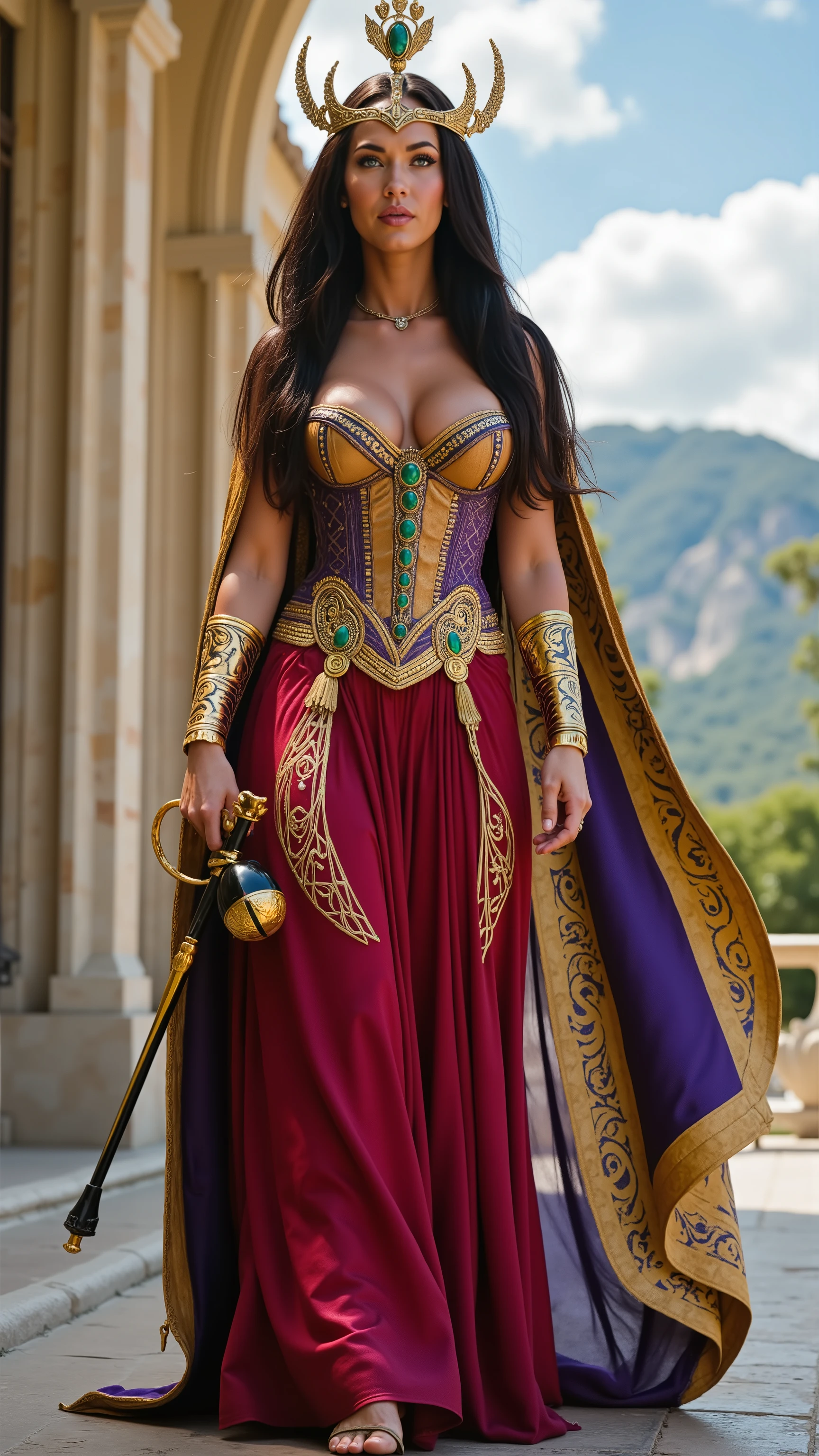Megan Fox reimagined as a majestic hot and gorgeous goddess Hera walking and holding magnificent scepter、1 female、 full figure, full body, cleavage,
A regal and commanding presence, exuding divine beauty and unshakable authority. Long, flowing raven-black hair cascades in sleek waves, framing sharp cheekbones and full lips. Her piercing emerald-green eyes hold the weight of wisdom and power, radiating both grace and quiet dominance. Her expression is poised and enigmatic, embodying the queen of Olympus with effortless majesty.
She wears an opulent, high-collared gown of deep crimson and shimmering gold, woven from celestial silk. The fabric is embroidered with intricate peacock feather motifs in metallic thread, symbolizing watchfulness and divine rule. Over the gown, a fitted corset of polished gold and mother-of-pearl accentuates her form, adorned with swirling filigree and inlaid with emeralds and sapphires.
A long, flowing mantle of royal purple and gold, edged with delicate gemstone beading, drapes elegantly from her shoulders, fastened by a brooch in the shape of a golden peacock. Her arms are adorned with gilded bracers, each engraved with celestial patterns of balance and justice. In her hand, she holds a magnificent scepter of polished gold and obsidian, its head crowned with a luminous, jewel-encrusted lotus—an emblem of sovereignty and divine order.
big breast、 alluring 、shows her female character's full figure, athletic body, perfect face, full body, extremely beautiful, goddess, female shape, perfect anatomy, The background showcases the majestic architecture of Mount Olympus at sunny day, with grand marble arches, towering golden spires, and ethereal clouds, photorealistic, masterpiece, realistic, high contrast, 8k, HD, high definition detailed, detailed, hyper detailed, realistic skin texture, best quality, ultra high resolution, hyper realistic, no text, very detailed eyes, dramatic lighting