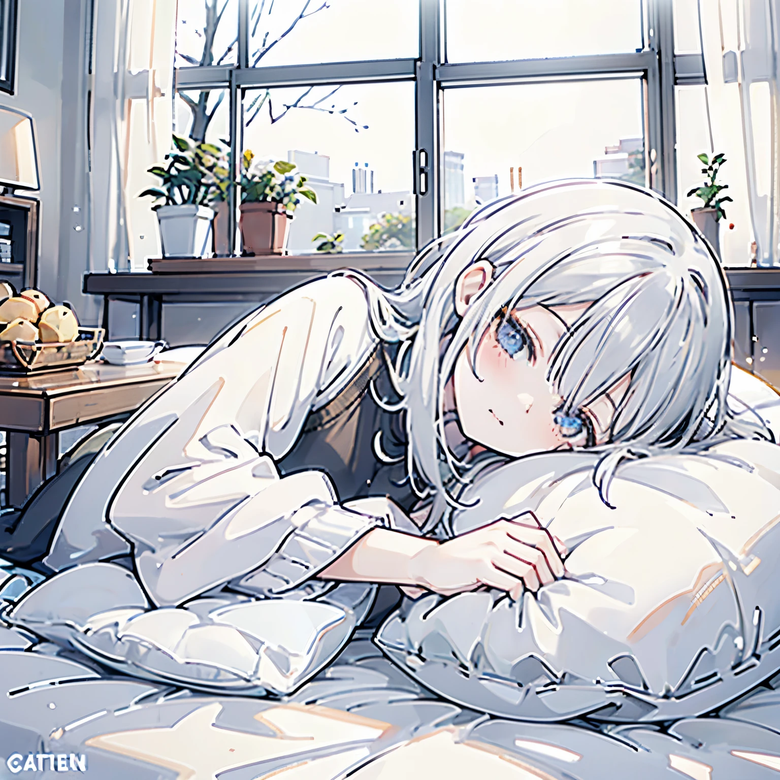 A cozy winter living room with a young girl who has fallen asleep inside a kotatsu. She rests her cheek against the soft kotatsu blanket, one arm stretched out, peacefully dozing with a relaxed expression. The kotatsu table is cluttered with an open bag of potato chips, a half-eaten chocolate bar, oranges, and a smartphone lying nearby. The room is warmly lit, creating a soft, relaxing atmosphere, while outside the window, a chilly winter night can be seen. The plush kotatsu blanket and the gentle blush on her cheeks convey a sense of warmth and comfort