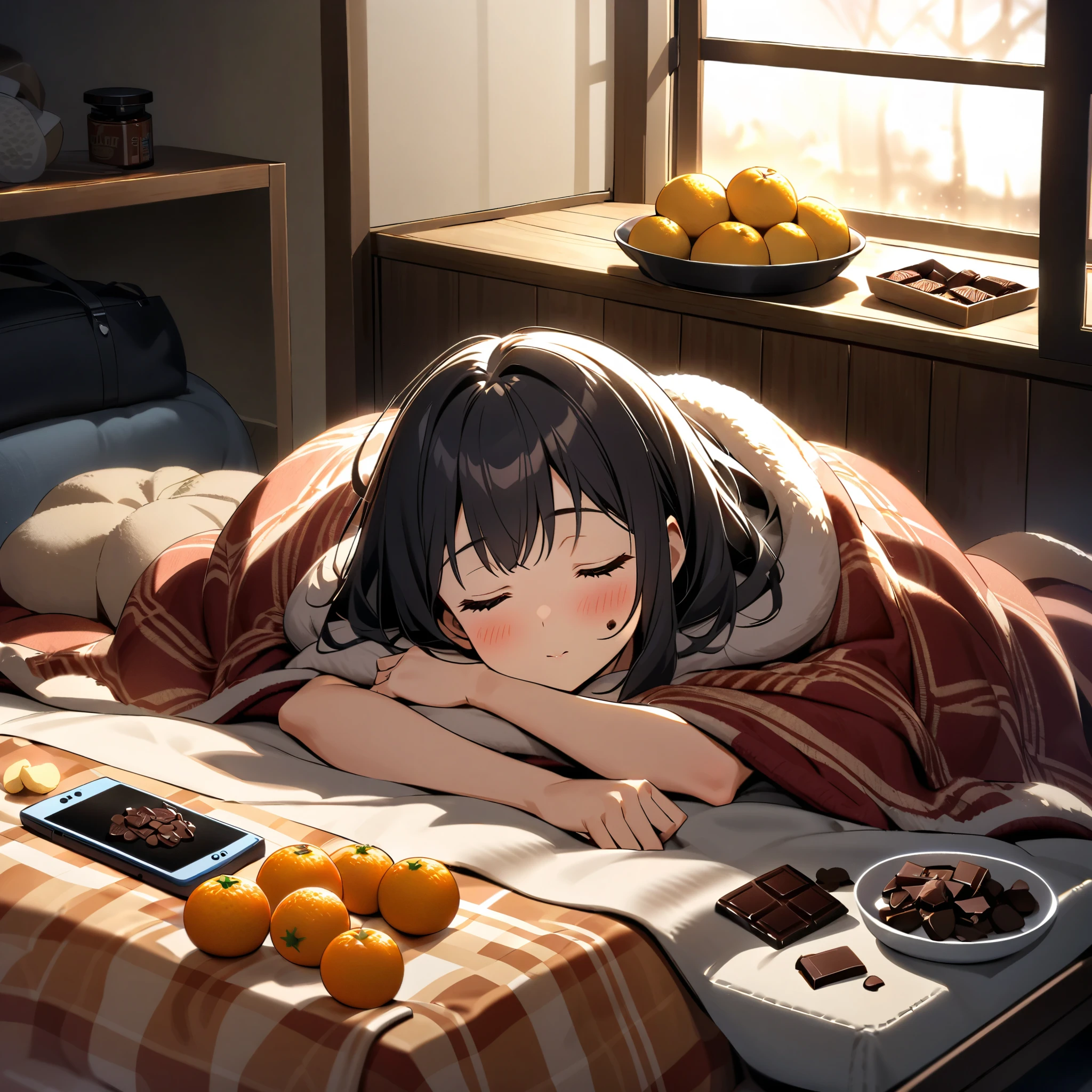 A cozy winter living room with a young girl who has fallen asleep inside a kotatsu. She rests her cheek against the soft kotatsu blanket, one arm stretched out, peacefully dozing with a relaxed expression. The kotatsu table is cluttered with an open bag of potato chips, a half-eaten chocolate bar, oranges, and a smartphone lying nearby. The room is warmly lit, creating a soft, relaxing atmosphere, while outside the window, a chilly winter night can be seen. The plush kotatsu blanket and the gentle blush on her cheeks convey a sense of warmth and comfort