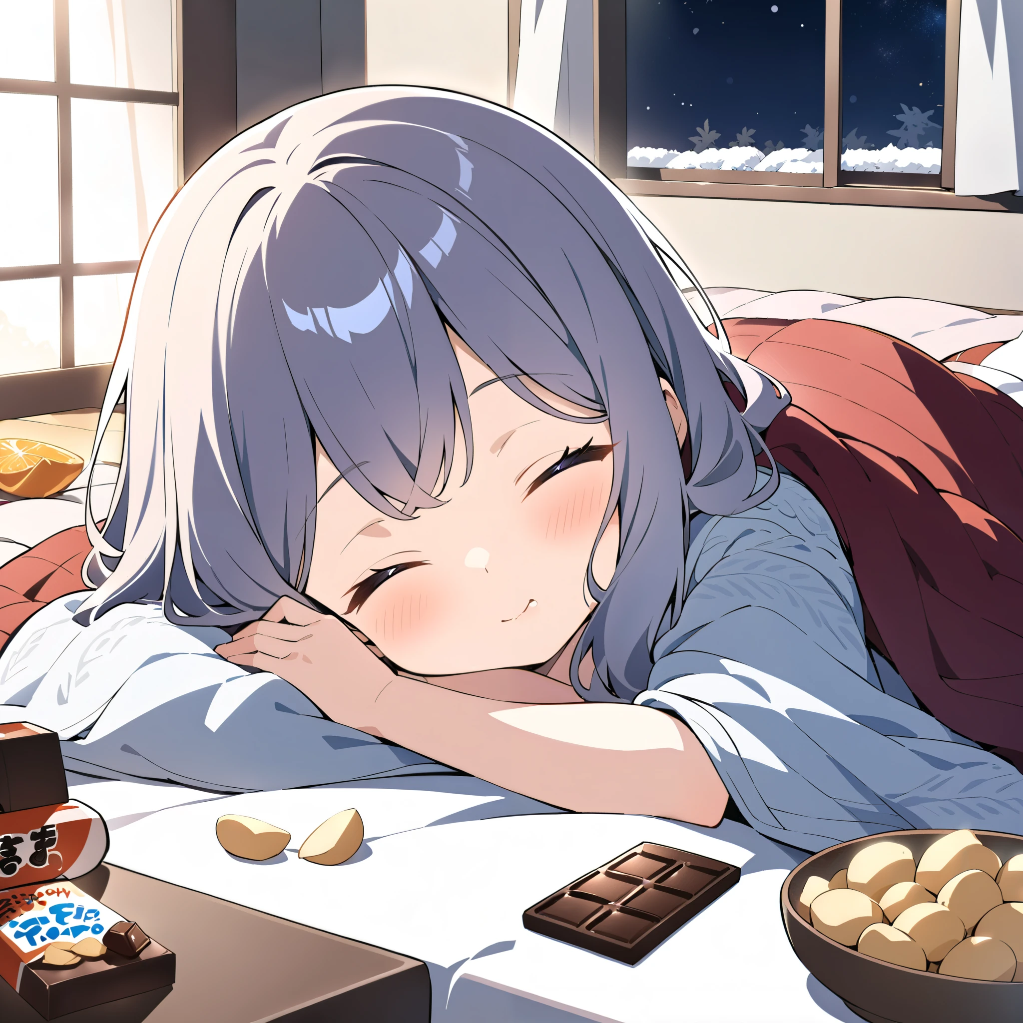 A cozy winter living room with a young girl who has fallen asleep inside a kotatsu. She rests her cheek against the soft kotatsu blanket, one arm stretched out, peacefully dozing with a relaxed expression. The kotatsu table is cluttered with an open bag of potato chips, a half-eaten chocolate bar, oranges, and a smartphone lying nearby. The room is warmly lit, creating a soft, relaxing atmosphere, while outside the window, a chilly winter night can be seen. The plush kotatsu blanket and the gentle blush on her cheeks convey a sense of warmth and comfort