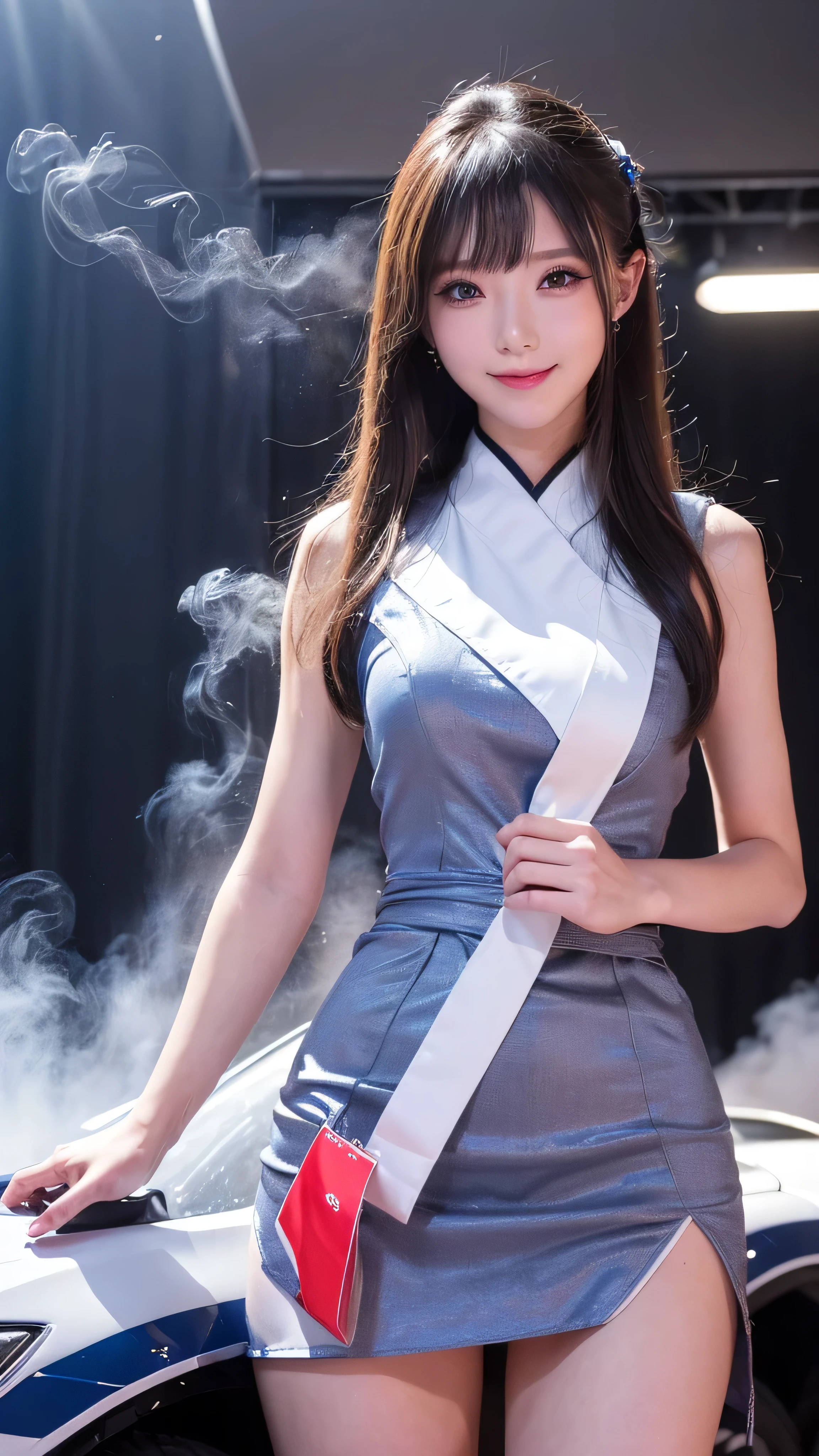 ((( Masterpiece， highest quality， ultra high resolution)))，(((Extreme Details ，Super Details，  Details)))，(((Race Queen poses in front of a red Ferrari Race Queen captivates the audience by showing a sexy pose in front of a Ferrari on the special stage of the Race Queen )))，(( Japanese， one girl，  Race Queen ，  Gravure Idol ))，(Navy blue miniskirt dress ，face Details， thin waist，Tight ass，length,  thin legs)，(( car show))，(Indoor Event Hall，Giant Screen， racing cars on racing，Gorgeous lighting，Dry ice smoke，light)， staring at the camera ，smile，