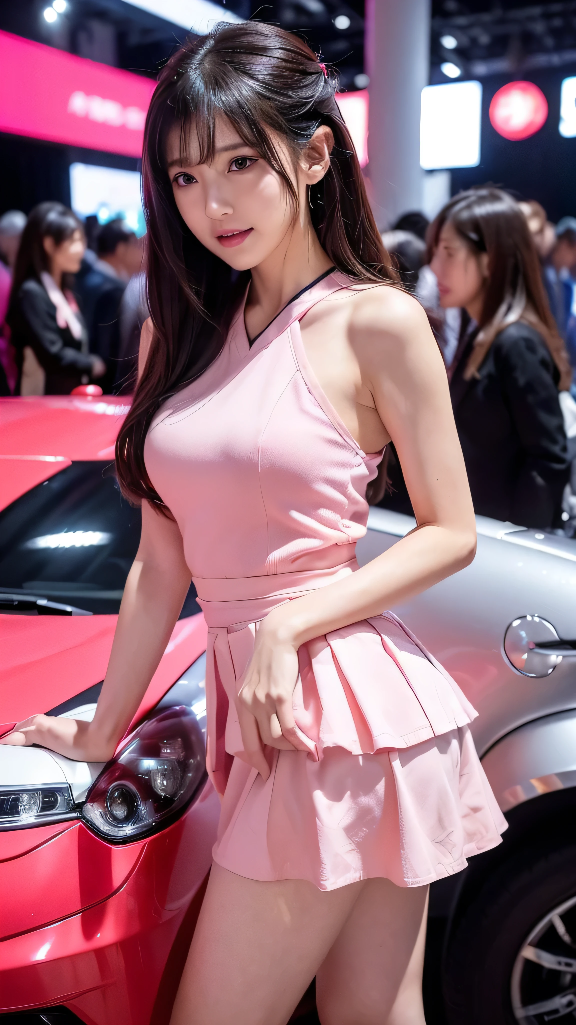 ((( Masterpiece, highest quality, ultra high resolution))),(((Extreme Details ,Super Details, Details))), Motor Show (((Race Queen poses in front of a red Ferrari Race Queen captivates the audience by showing a sexy pose in front of a Ferrari on the special stage of the Race Queen )),(( Japanese, one girl, Race Queen , Gravure Idol )),(Pink mini skirt dress,face Details, thin waist,Tight ass,length, thin legs),((Race Queen captivates the audience by showing a sexy pose in front of a red Ferrari on the special stage of the car show)),