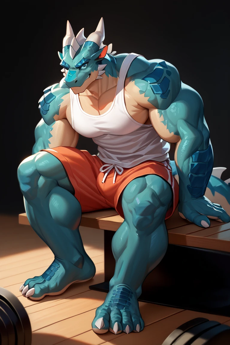 Feraligatr, comic book style, illustration, solo, ferocious, male, [[masculine pose]], black boxers, masterpiece, best art, full body, by laobai, by taran fiddler, by honovy, detailed eyes, detailed body, claws, masculine body shape, tall, topless, pecs, abs, nipples, gym