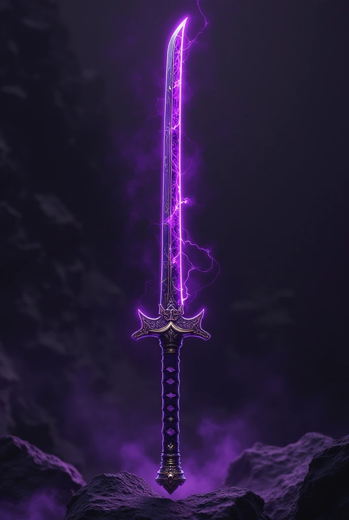 Okay, here's the revised description of the gravity katana, now without a hilt or tsuba, in a Marvel Manga art style:
Appearance:
 * Blade: A massive, cleaver-like katana forged from swirling black and purple gravity.  The blade itself extends into what would normally be the handle, creating a seamless, almost monolithic form. It gleams with an eerie, cosmic sheen, the black and purple patterns shifting and swirling hypnotically.
 * Engravings: Intricate purple lightning dragons, crackling with energy, writhe along the entire length of the blade, from the tip all the way down to where the handle would normally begin.  They seem to be etched directly into the gravity-forged material.
 * Handle:  There is no separate handle. The blade simply tapers slightly where the grip would be, the gravity material perhaps slightly denser or textured to provide a hold. A thick, black cord is wrapped tightly around this section, ending in a small, blank ankh charm that hangs freely.
Style:
 * Dynamic Lines:  The lines are bold and dynamic, emphasizing the raw power and fluid motion of the weapon. The continuous line of the blade, unbroken by a hilt or tsuba, adds to this sense of raw, unbridled power.
 * Bold Colors: The stark contrast between the deep black and vibrant purple is even more pronounced now, as the uninterrupted blade showcases the swirling gravity patterns.
 * Exaggerated Details: The dragon engravings are even more prominent, now that they flow seamlessly along the entire length of the blade.  They're exaggerated and expressive, radiating power and ferocity. The swirling gravity-forged material is depicted with almost ethereal lines.
 * Dramatic Shadows: Deep, inky shadows play across the blade, highlighting the contours of the dragon engravings and the shifting patterns of the gravity material.
Overall Impression:
This is a weapon of immense, almost terrifying power and stark beauty. The absence of a hilt or tsuba makes it seem less like a crafted tool and more li
