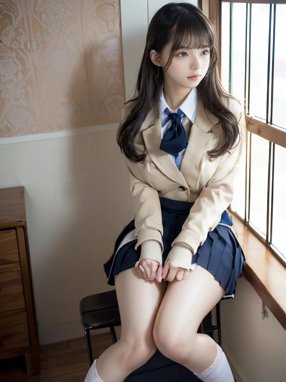 ulzzang-6500-v1.1, (raw photo:1.2), (photorealistic:1.4), beautiful detailed girl, very detailed eyes and face, beautiful detailed eyes, ridiculous, incredibly ridiculous, huge file size, super detailed, high resolution, very detailed, best quality, masterpiece, kemomimi, ((Japanese girls' high school uniform)), illustration, very detailed, CG, unified, 8k wallpaper, amazing, Fine details, masterpiece, best quality, very detailed CG uniform 8k wallpaper, light on face, cinematic lighting, 1girl, , ((no panties)), ((dynamic pose))), (camel toe), (half), (pantyhose), (knee-bending leg sitting))