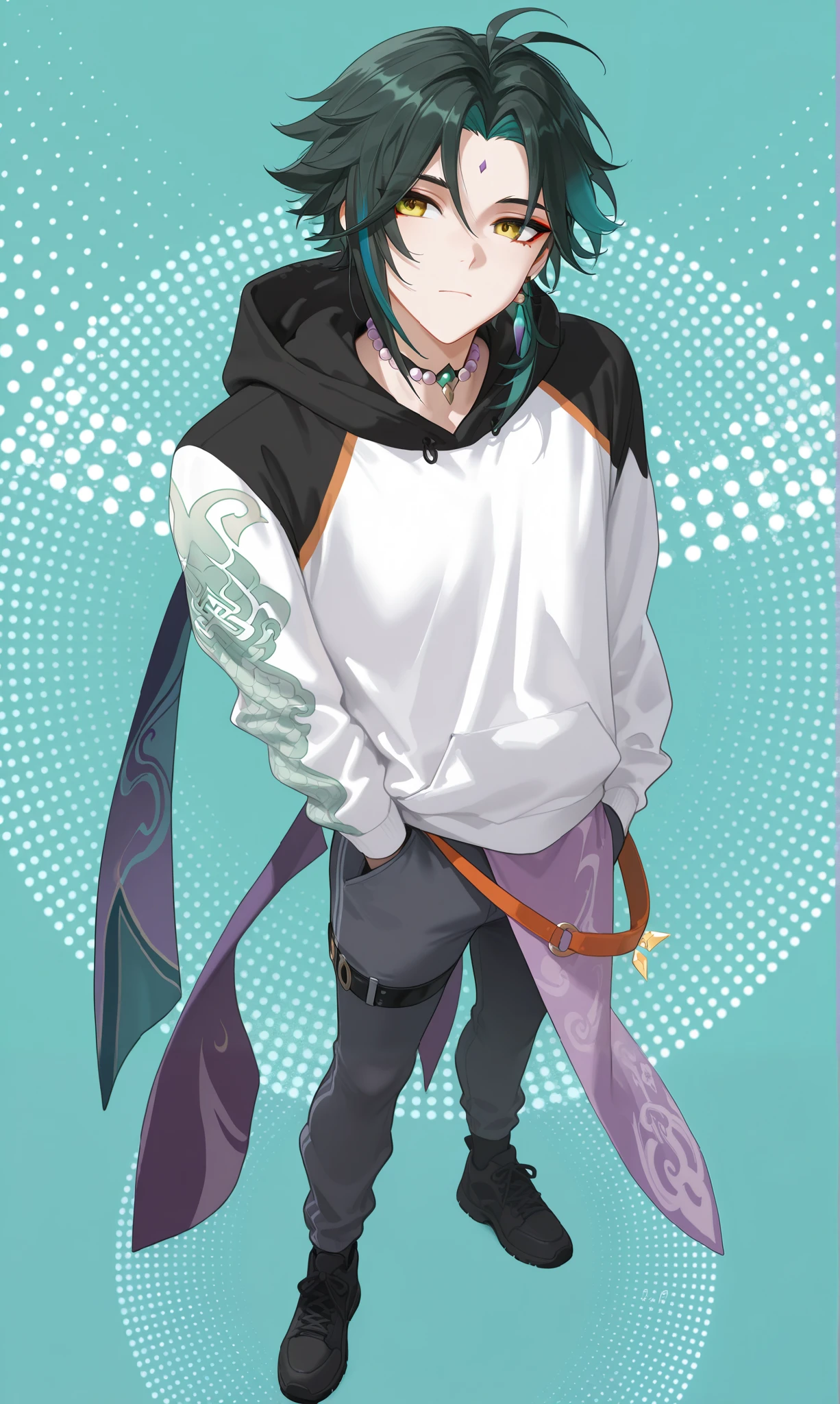(blonde hair:1.5), very long hair, sidelocks), (eyes with a mix of yellow and blue irises:1.5), two-tone eyes, multicolored eyes gradient eyes, white and blue jacket with constellation prints, (best quality,4k,8k,highres,masterpiece:1.2), ultra-detailed, portraits, (HDR:1.1), (vivid colors:1.1), (studio lighting), (bokeh), (highly saturated colors), (soft lighting), (detailed background), (subtle shadows), (ethereal glow), (pastel color palette), (delicate details), (crisp focus), (fine brushwork), (exceptional artistry), (masterpiece-worthy), (awe-inspiring), blonde hair, very long hair, sidelocks, (eyes with a mix of yellow and blue irises:1.5), two-tone eyes, (multicolored eyes:2.0) (gradient eyes:2.0), white and blue jacket with constellation prints, (pants), (smirk:1.25), (smug:1.25), (naughty face:1.5), (mischievous:1.25), futuristic clothing, (science fiction setting:1.5), high-tech, glowing eyes, (unicursal hexagram-shaped irises:1.5), (cowboy shot:1.5), glasses, small glasses, thin glasses, rectangular glasses, small breasts, glowing clothing, (hologram armband1.5), wetting herself, peeing herself, pee stain, peeing stain