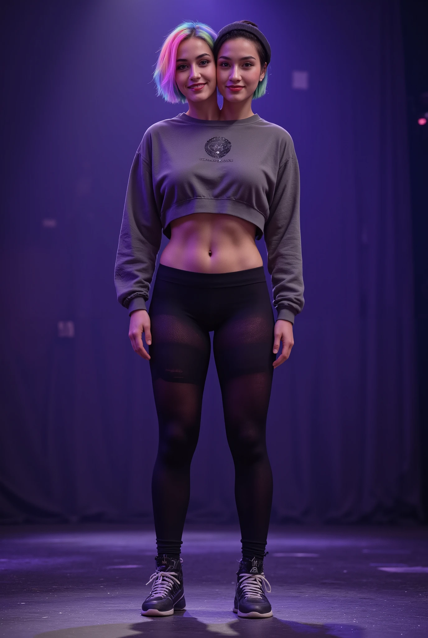 Two-headed woman, full body, light makeup, one head with beautiful rainbow hair, one head with black hair, one head wearing a beanie, (pixie cut), woman, smiling, wearing oversized sports jersey, short yoga shorts, tights, standing on stage, ((beautiful two-headed woman)), ((small waist, toned stomach))