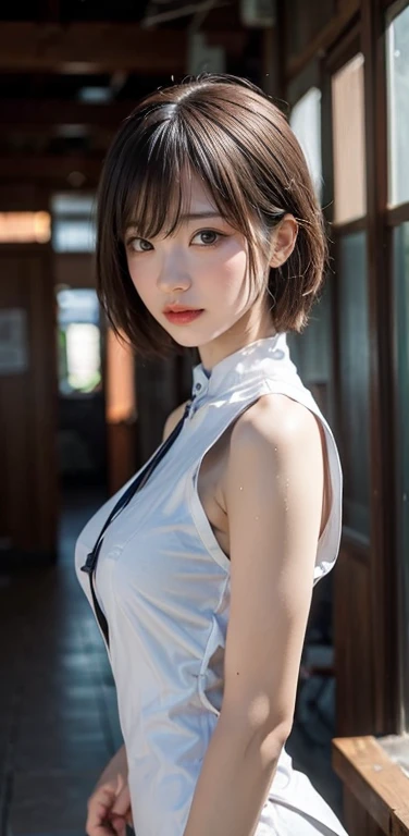 (highest quality,masterpiece:1.3,Ultra-high resolution),(Super detailed,Caustics,8k), (Photorealistic:1.4, RAW shooting),darkness,Dark studio,Japanese,20-year-old,smile,Natural Makeup,Black short hair,(White shirt),Big Breasts,Rim Light,Waist up shot,Low position,Low - Angle