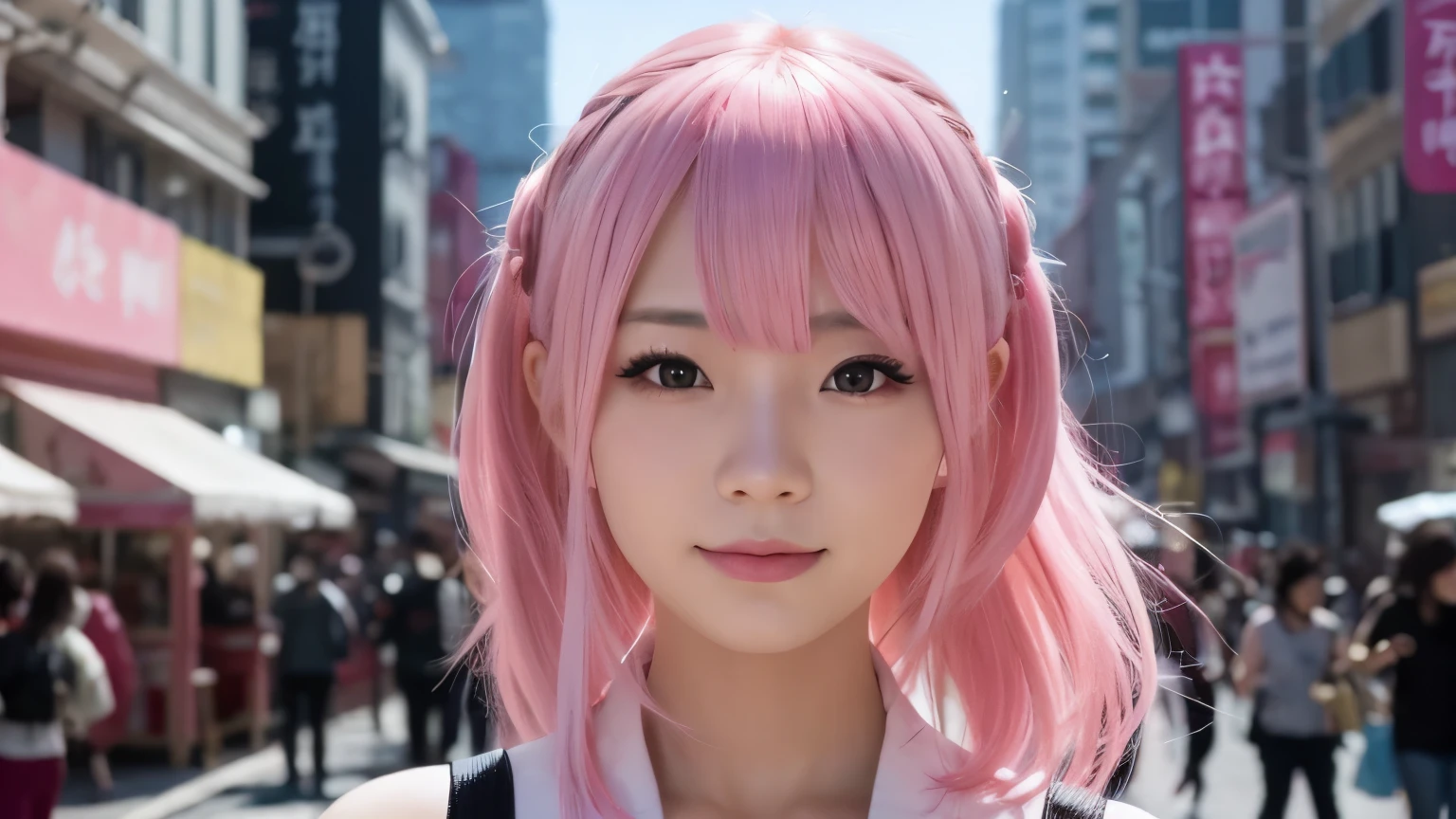 24 year old female、beautiful and perfect face。Tokyo street、night、night cityscape、Close-up、pink haired、hair ornaments、(RAW photo、highest quality、masterpiece:1.2)、(realistic、photo realistic:1.37)、