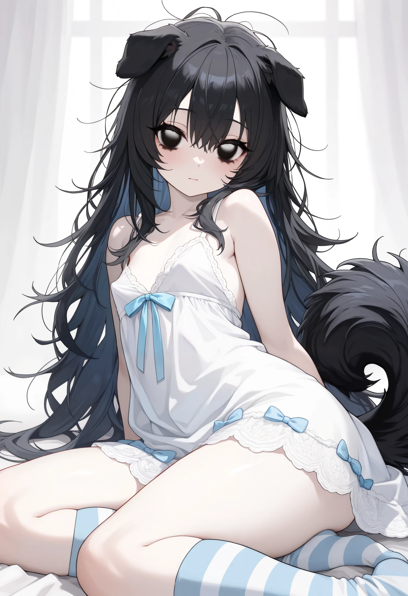 (embarrassed face: 0.5), hair down, sitting, 2 arms, 2 legs, bare foot, best quality, highly detailed, (absurdly long hair: 1.5), large volume of black hair, long straight hair, straight black hair, black hair longer than height, beautiful black hair, (hair between eyes: 0.5), (nekomimi, catgirl, kemonimimi: 1),  (nude, naked, no clothes), lactation, human skin, blue eyes, nipples, nude, 1girl, black hair