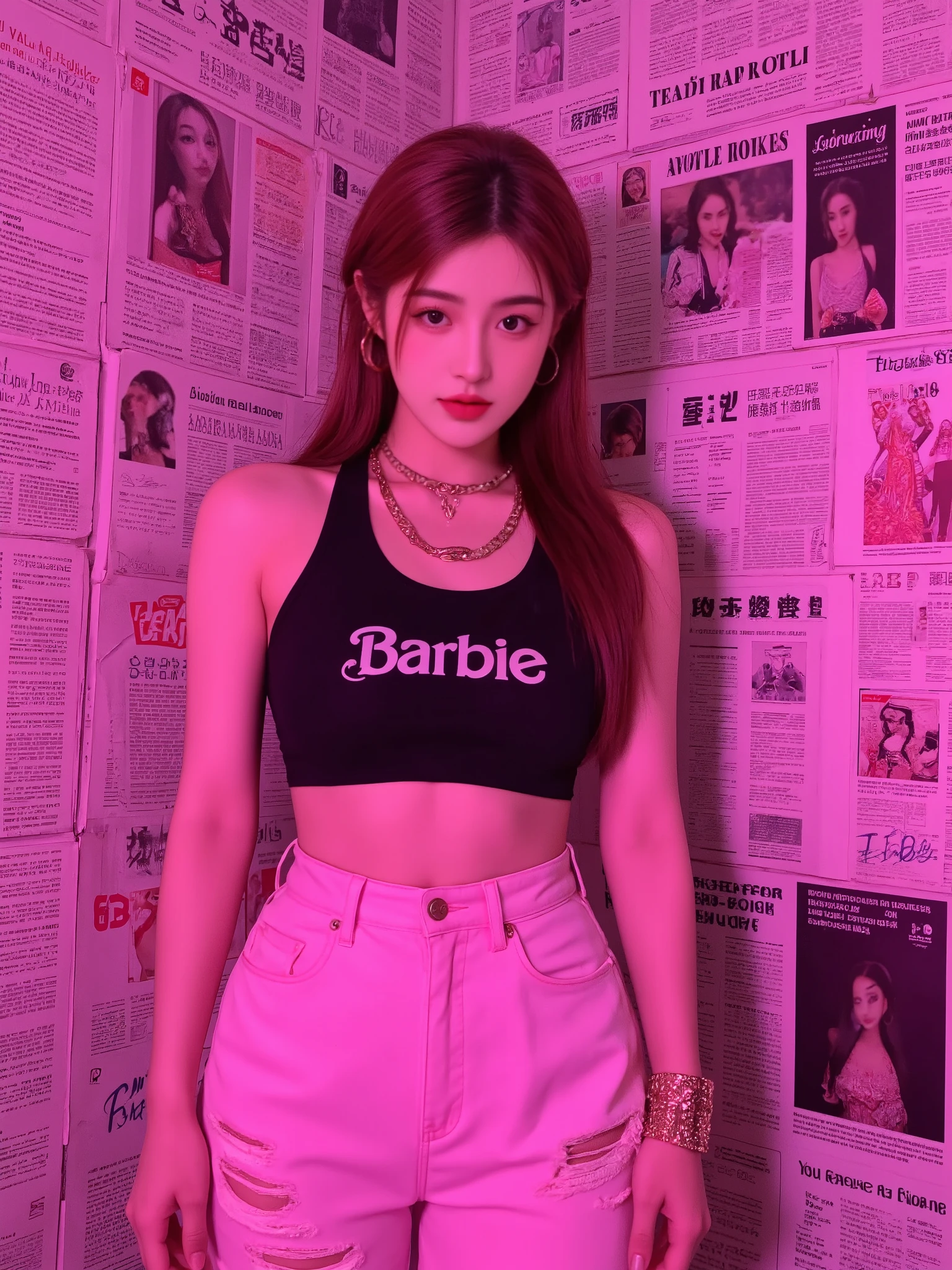 "A fashion photoshoot featuring a 'Bad Girl Barbie' theme. The model wears a bold and edgy hip-hop-inspired outfit with a Barbie twist— a crop top paired with ripped pink baggy jeans, styled with chunky sneakers or thigh-high boots. Accessories are oversized and flashy, including large gold hoop earrings, luxury sunglasses, and statement bracelets. She wears a thick gold chain necklace with the word 'Barbie' in bold, decorative letters. The background is a wall completely covered in newspapers with pink graffiti writings and an image of the classic Barbie doll. The lighting is dramatic with a neon pink glow, giving the scene a rebellious yet glamorous vibe. The model’s expression is fierce and confident, with bold makeup, sharp winged eyeliner, and glossy pink or red lips."