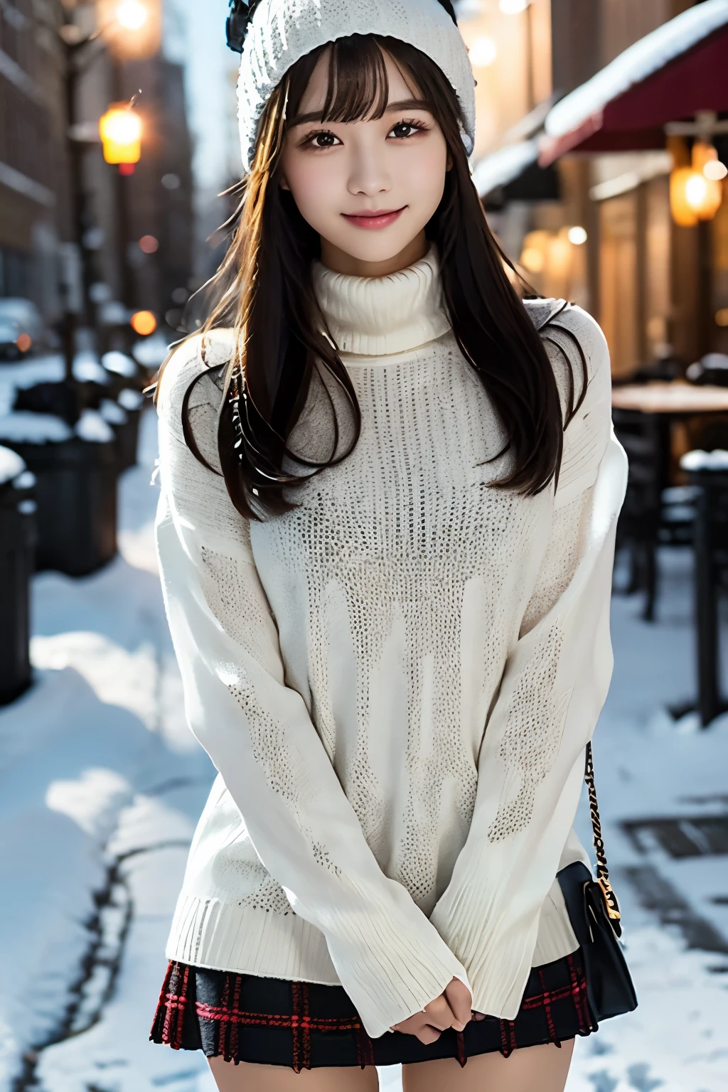 white knitted hat 、 black hair、 straight hair、 has bangs、smile、 hands crossed behind head、SkinnyBody、 white turtleneck knitted sweater、tartan plaid tight miniskirt、 black knee-high boots、 standing in a snowy city 
