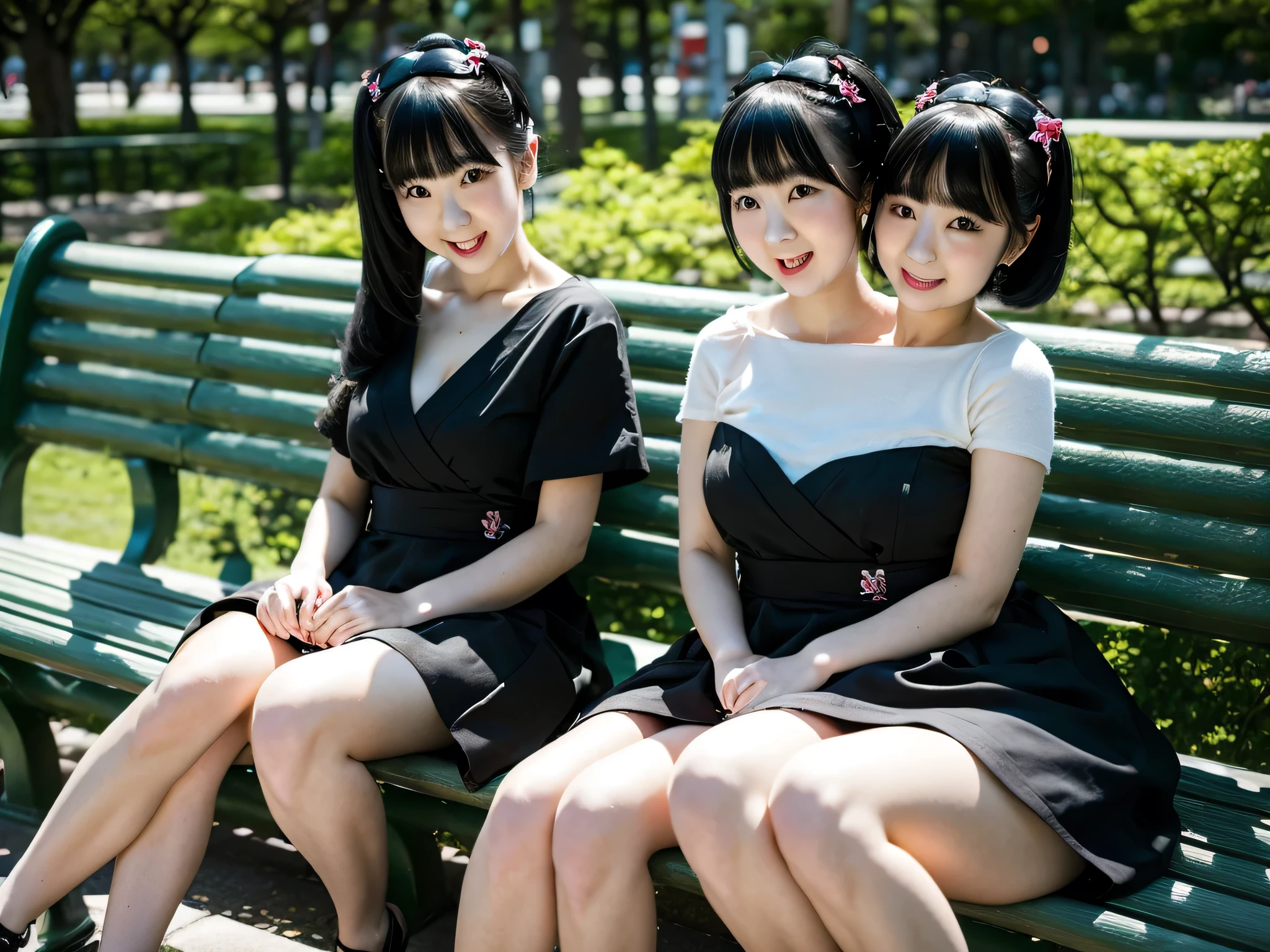 masterpiece, top quality, full body, bangs, black choker, 2girls, lilies, Lesbian kiss, kiss, (black hair), long hair, twin tails, hug, cleavage, lush breasts, summer sailor suit, slim, see-through, mini skirt,
