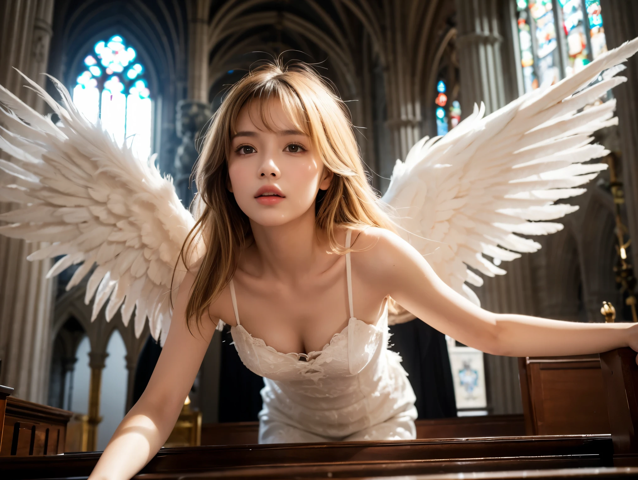foreshortening, f/2.8, UHD, anatomically correct, masterpiece, accurate, textured skin, super detail, high quality, 8k, highres, photorealistic:1.2, gorgeous adult woman, blonde hair, bangs, perfect eyes, soft light, high quality, 4k resolution, ((angel)), An angel with wings on his back, an angel descending from the sky, feathers scattered in the background, light shining from above, at Cathedral