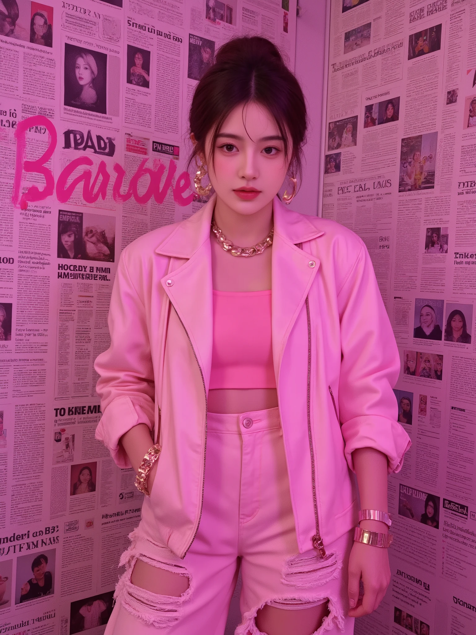 "A fashion photoshoot featuring a 'Bad Girl Barbie' theme. The model wears an all-pink edgy hip-hop-inspired outfit— an oversized pink leather jacket over a matching pink crop top and ripped pink baggy jeans, styled with chunky sneakers or thigh-high boots. Accessories are oversized and flashy, including large gold hoop earrings, luxury sunglasses, and statement bracelets. She wears a thick gold chain necklace with the word 'Barbie' in bold, decorative letters. The background is a wall completely covered in newspapers with bold pink graffiti writings. The lighting is dramatic with a neon pink glow, enhancing the rebellious yet glamorous vibe. The model’s expression is fierce and confident, with bold makeup, sharp winged eyeliner, and glossy pink or red lips."