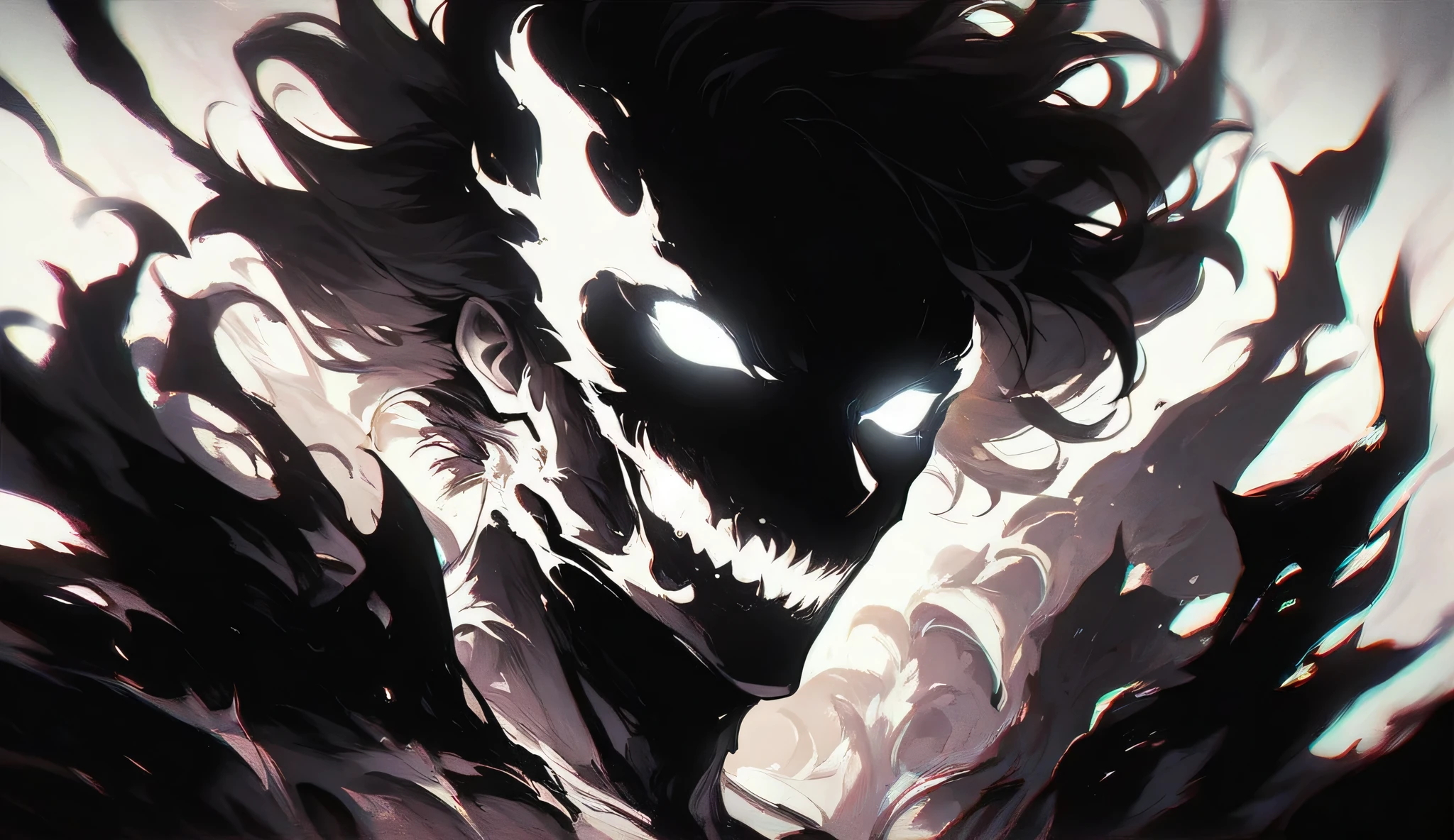 phnk, solo, looking at viewer, black hair, 1boy, white eyes, upper body, male focus, silhouette,sharp teeth, mask, glowing, glowing eyes, black theme