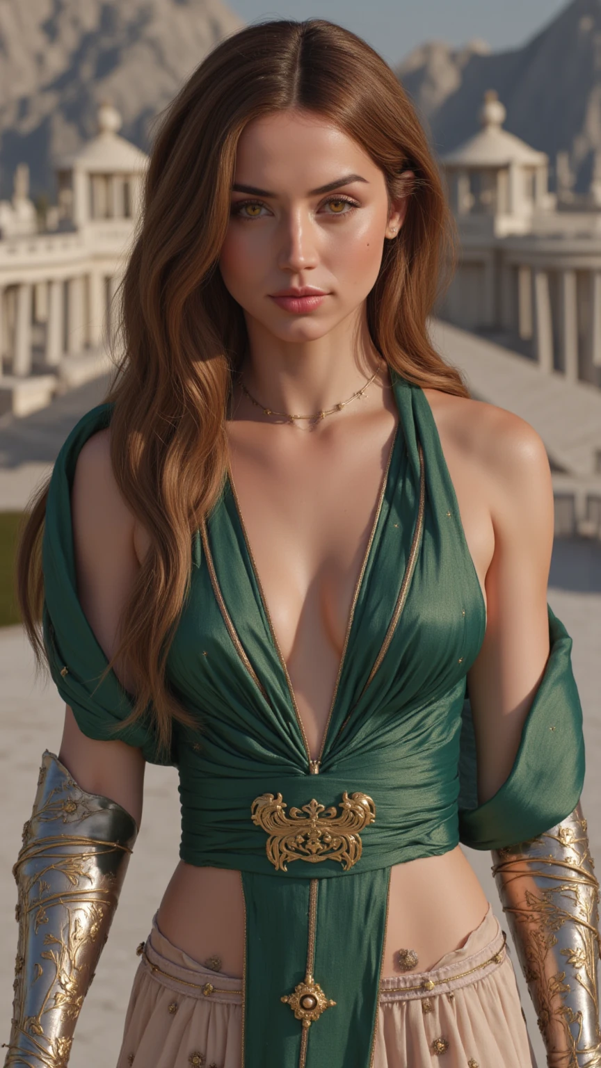 Realistic photo of a beautiful mature woman, Paris Hilton, (skin texture:1.1), (detailed eyes), (brown hair), (braided hair), (detailed face), (skin pores), (legs), (broad shoulders), (lean perfect body), (small breasts), pale skin, ((high detail plunging colourful royal dress)), throne room background, facing the camera, (masterpiece), (photorealistic:1.4), RAW photo, best quality, high res, rich colors, backlight, bright sunlight, cinematic lighting, film grain, raw photo, 50mm lens, Nikon D850, cool colors, golden ratio