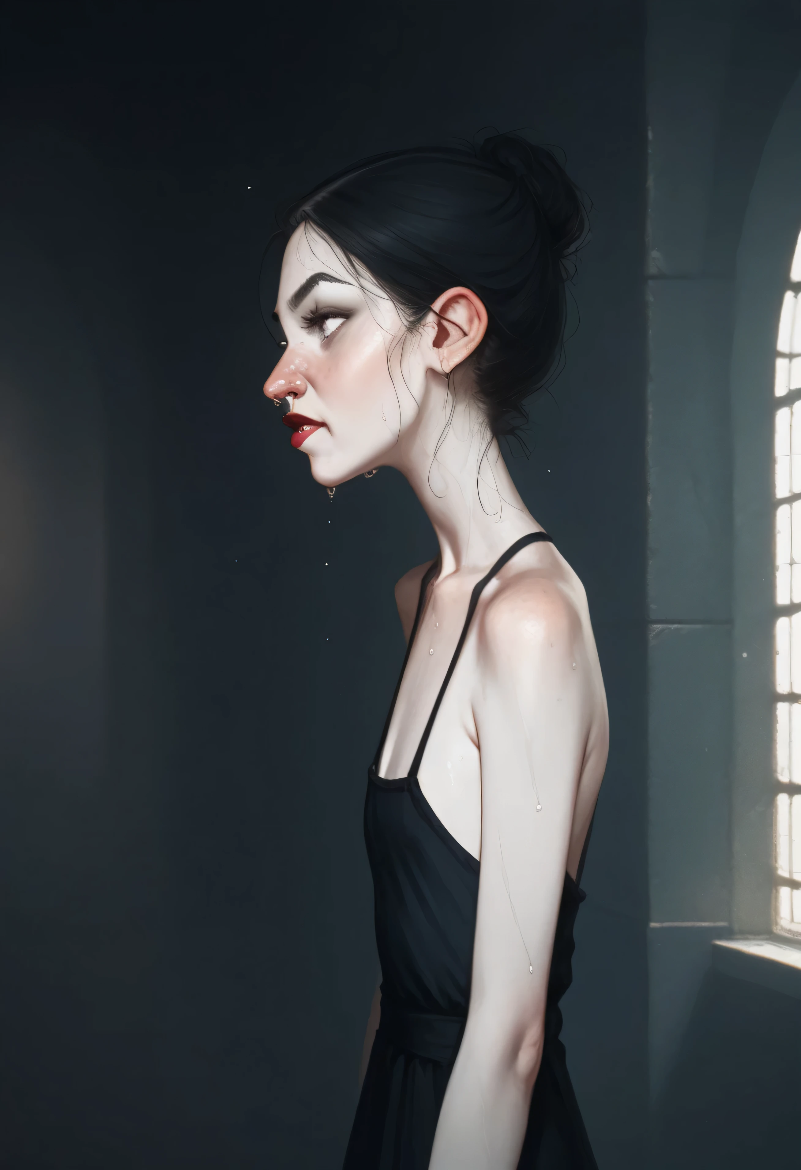 Max caufield, one girl, industrial castle background, stringy black hair, sweaty, pale skin, sickly, wearing a vampire dress, ugly woman, ((skinny girl)), offended emotions,g4n1m3 , from the side, (aquiline nose)