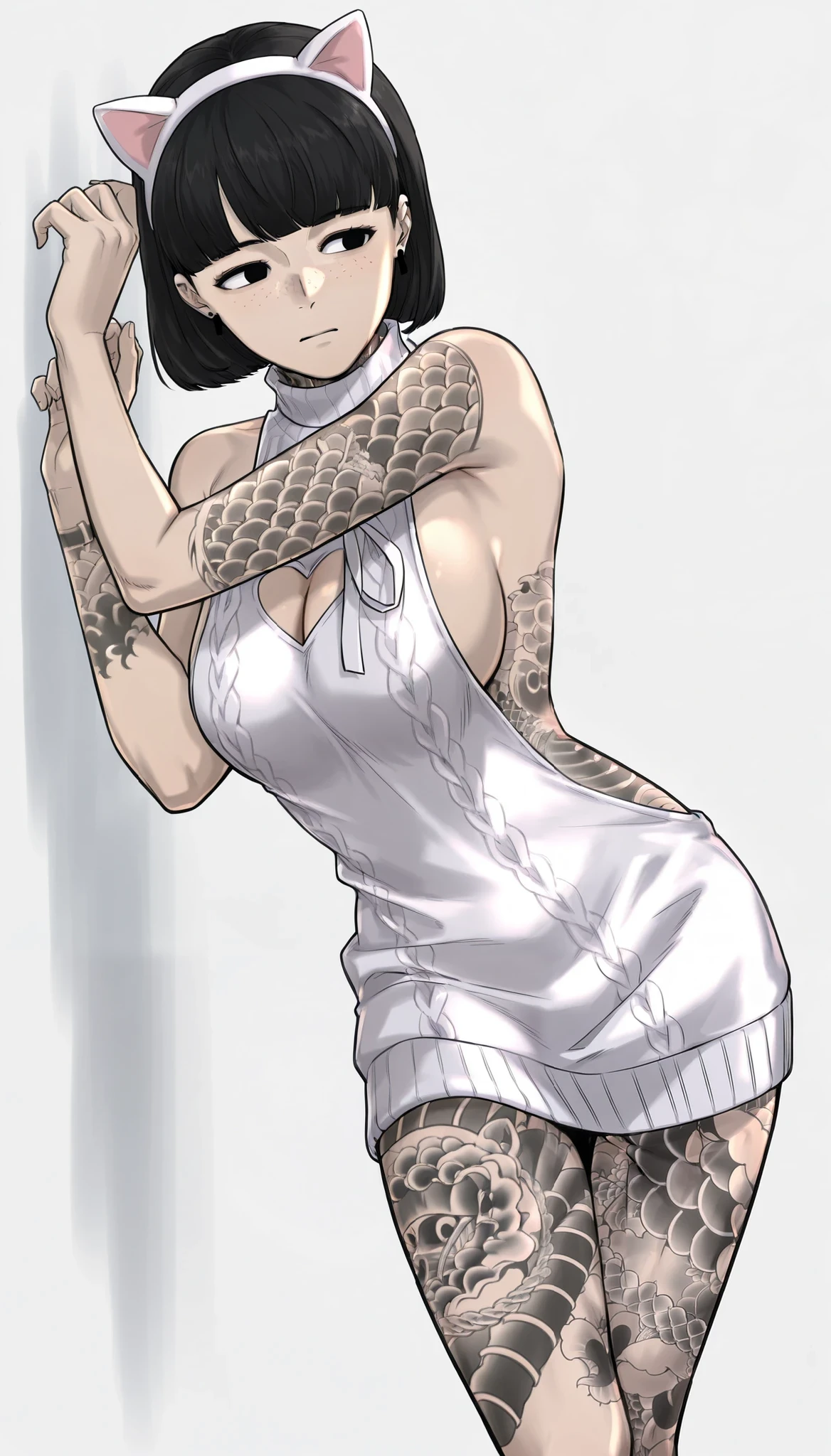 score_9, score_8_up, score_7_up, score_6_up,1girl,cat headband,mature female,black hair, black eyes, short hair, freckles, bob cut, neck tattoo, earrings, blunt bangs, full-body tattoo, leg tattoo, backless outfit, sideboob, sweater, virgin killer sweater, white turtleneck, turtleneck sweater, cleavage, heart cutout, hands up, leaning to the side,