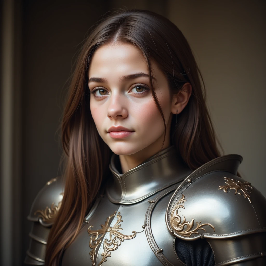 monoprint style, unique, textured, painterly, highly detailed, portrait photo of <lora:sd15_ShaelahMcGilton_v1:.9> ShaelahMcGilton, focus on smiling face, wearing leather armor , her hair is styled as Curly Bangs,