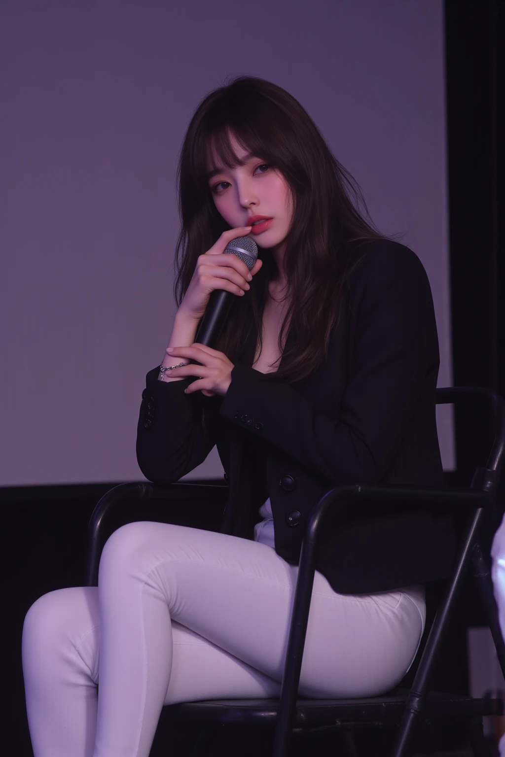 (8k, top quality,masterpiece, realistic, very detailed:1.3),(, beautiful Korean girl, Korean pop idol),( Black Suit Jacket :1.2),( White Skinny Pants :1.1),( serious expression :1.2)discuss,(speech,handheld microphone:1.2)(crowd,audience:1.3), long legs , (thigh gap:1.5), Wide Hips ,S-shaped body, raised ,, I'm looking at it with a tired expression on my black hair ,( Focus on Hips :1.1) looking quietly