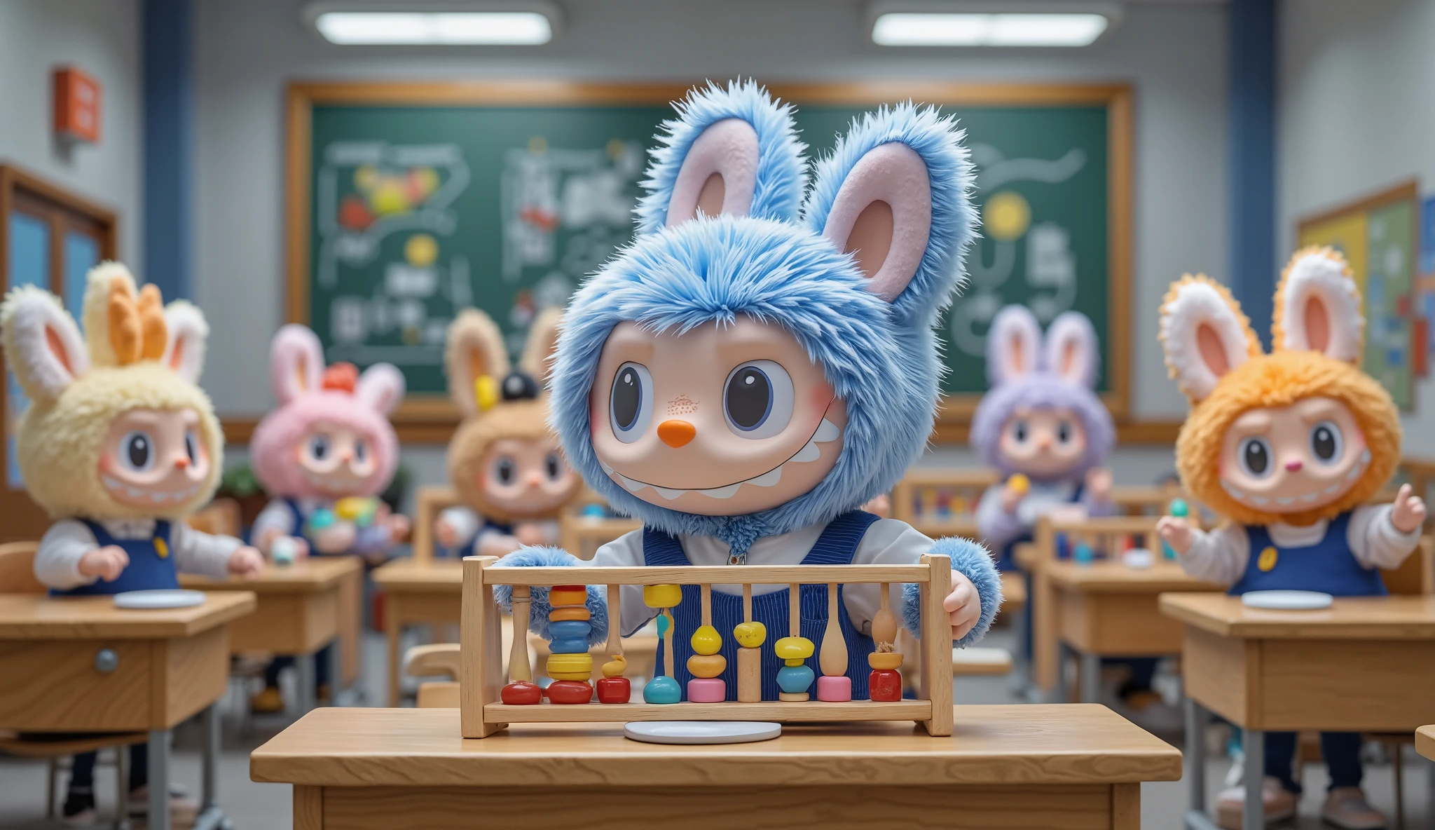 Labubu Blue is using an abacus to count inside the classroom, captured from a left-angled perspective. Dressed in a daily school uniform, Labubu Blue has a focused expression while moving the beads. The background features a lively classroom setting with several other Labubu characters of various fur colors, also engaged in learning activities. The classroom walls are decorated with educational posters, and wooden desks and chairs add to the academic atmosphere.