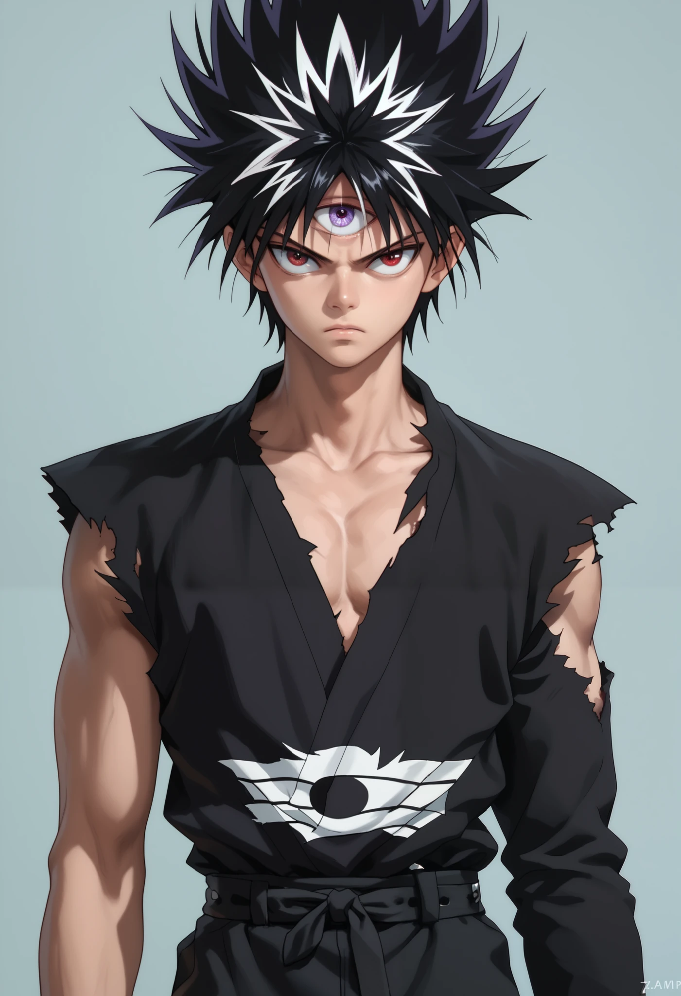 score_9, score_8_up, score_7_up, 1boy, male focus, hiei_ep, black hair, red eyes, nh, third eye, black hair, spiked hair, torn clothes, serious, cowboy shot