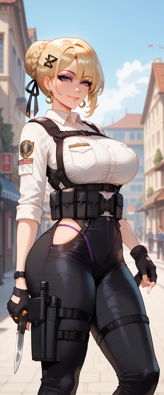 nsfw:1.6, Top quality, masterpiece, ultra high resolution, , (top quality, high resolution, 4K, detailed lighting, shaders, perfect anatomy, perfect proportions), eye of the beholder, (masterpiece, top quality) (top quality, 4K, 8K, high resolution, masterpiece: 1.2), highly detailed, (masterpiece: 1.3, top quality, ultra high resolution, ultra detailed), (top quality: 1.2), perfect eyes, perfect face, perfect lighting, (top quality, 4K, 8K, high resolution, masterpiece: 1.2), highly detailed, (top quality, 4K, 8K, high resolution, masterpiece: 1.5), highly detailed, masterpiece, top quality, ultra detailed, top quality, high resolution, 32K CG, very delicate and beautiful, illustration, high resolution, sharp focus, front lighting, glow, girl 1 person, solo, smiling, very beautiful and detailed anime face, very detailed eyes, ((masterpiece)), ((best quality)), (super detailed), ((cute)), cute, ((very detailed)), 4K, (8K), best quality, (best quality, 8K, 32k, masterpiece, super high resolution, very detailed, impressionistic:1.2), blurred background, (((two arms))) , (((two foot))), ((((four fingers and 1 thumb)))), Best quality , ((only one naval)),
(Scandinavian beauty). (Beautiful face: 1.2). (Cute). (Shiny blonde hair). (Chignon: 1.6). (Bangs swept to the side, showing forehead: 1.4). (Beautiful turquoise eyes). Tensed face: 1.8. Profile: 1.4. (Topless: 1.8). (Black hot pants: 1.6). (Black combat vest: 1.8). (Black leg and arm belts: 1.7). (Combat boots: 1.7). (Holding s&w revolver handgun: 2.2). (Walking : 2.2). (Breasts and nipples uncovered: 2.5). (Small pink areola and nipples: 1.6). (Big breasts: 1.8). (Full chest: 1.6). (Beautiful breasts: 1.6). (Thin waist). (Slender figure). (Realistic facial expressions:1.6). (Realistic skin texture: 1.6). (Choker: 1.7). (Necklace: 1.4). (Operation: 1.8). (Wristband: 1.4). (Scandinavian Autumn Forest: 1.6). (Realistic Background: 0.5). (Side-on Diagonal: 2.5)