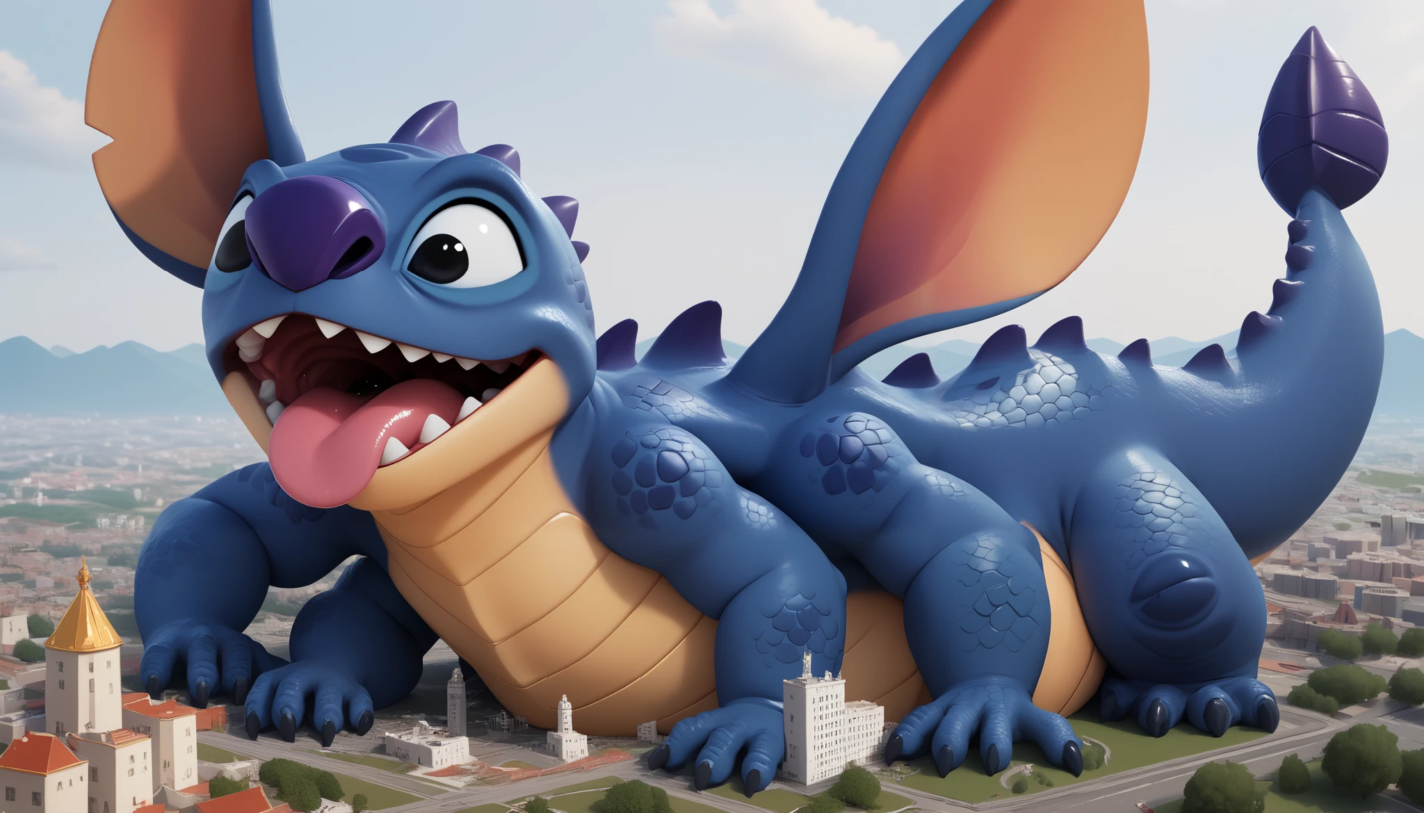 score_9, score_8_above, score_8, 1 , st1tch , black eyes, antenas, spyro's tail with scales, thick tail, multiple arms, 4 arms, Macro, ((oral vore)), open mouth