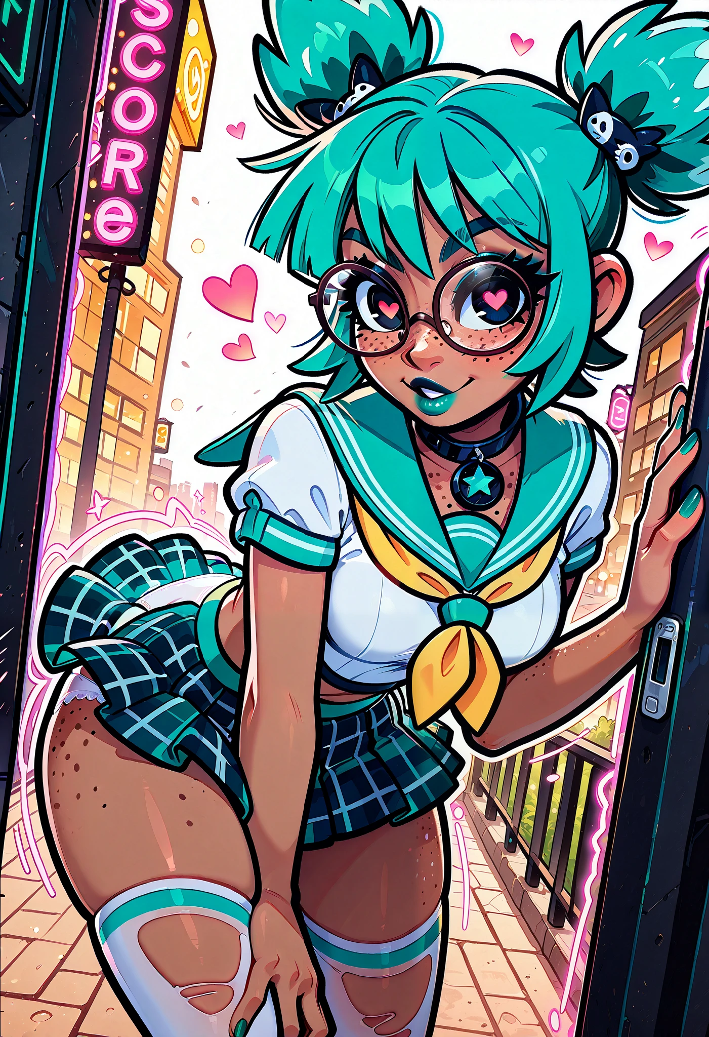 (masterpiece), best quality, expressive eyes, perfect face, newest, perfect anatomy, flawless face, dark skinned African female with pigtails and glasses, multicolored hair, white knee high stockings, collar, tight green sailor top with short sleeves, tight short pleated plaid green miniskirt, illuminate subject, spotlight on subject, color saturation, makeup, lipstick, glossy lips, freckles, white boots, at a park, sunset, bokeh, looking back at viewer, hair blowing in wind, speed lines, seductive expression, turning away from you, leaning forward, pov from behind and below, smiling, green hair, two-tone hair, white panties, white panties in view, panty shot, hearts in the air, in love, love aura, white background, neon lights, glowing,