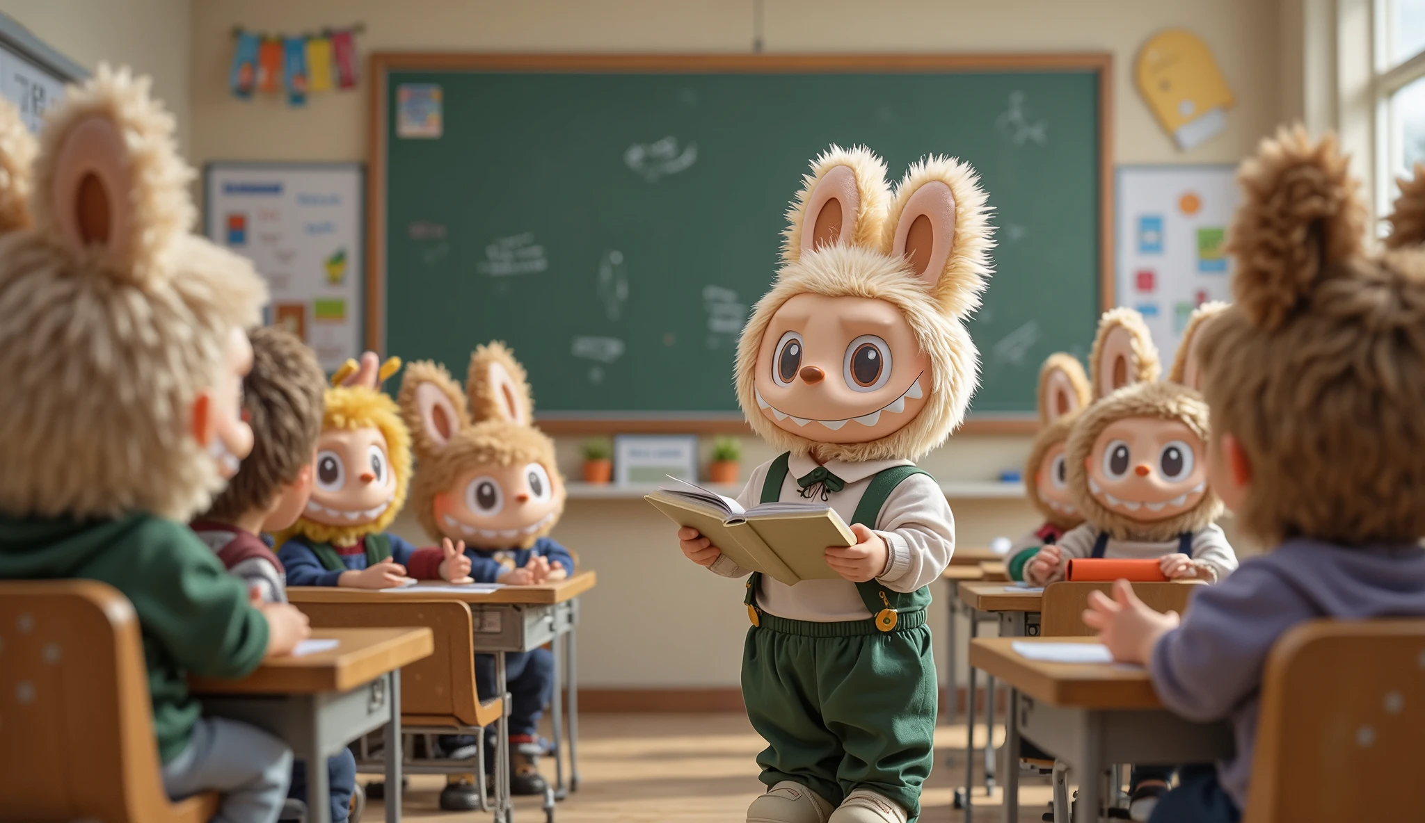 Labubu Tosca is reciting a poem at the front of the classroom, captured from a right-angled perspective. Wearing a daily school uniform, Labubu Tosca holds a book with confidence, expressing emotions through words. The background shows several other Labubu characters with various fur colors sitting attentively, their eyes focused, listening with deep interest. The classroom setting includes wooden desks, a blackboard, and educational posters on the walls, creating an engaging learning atmosphere.