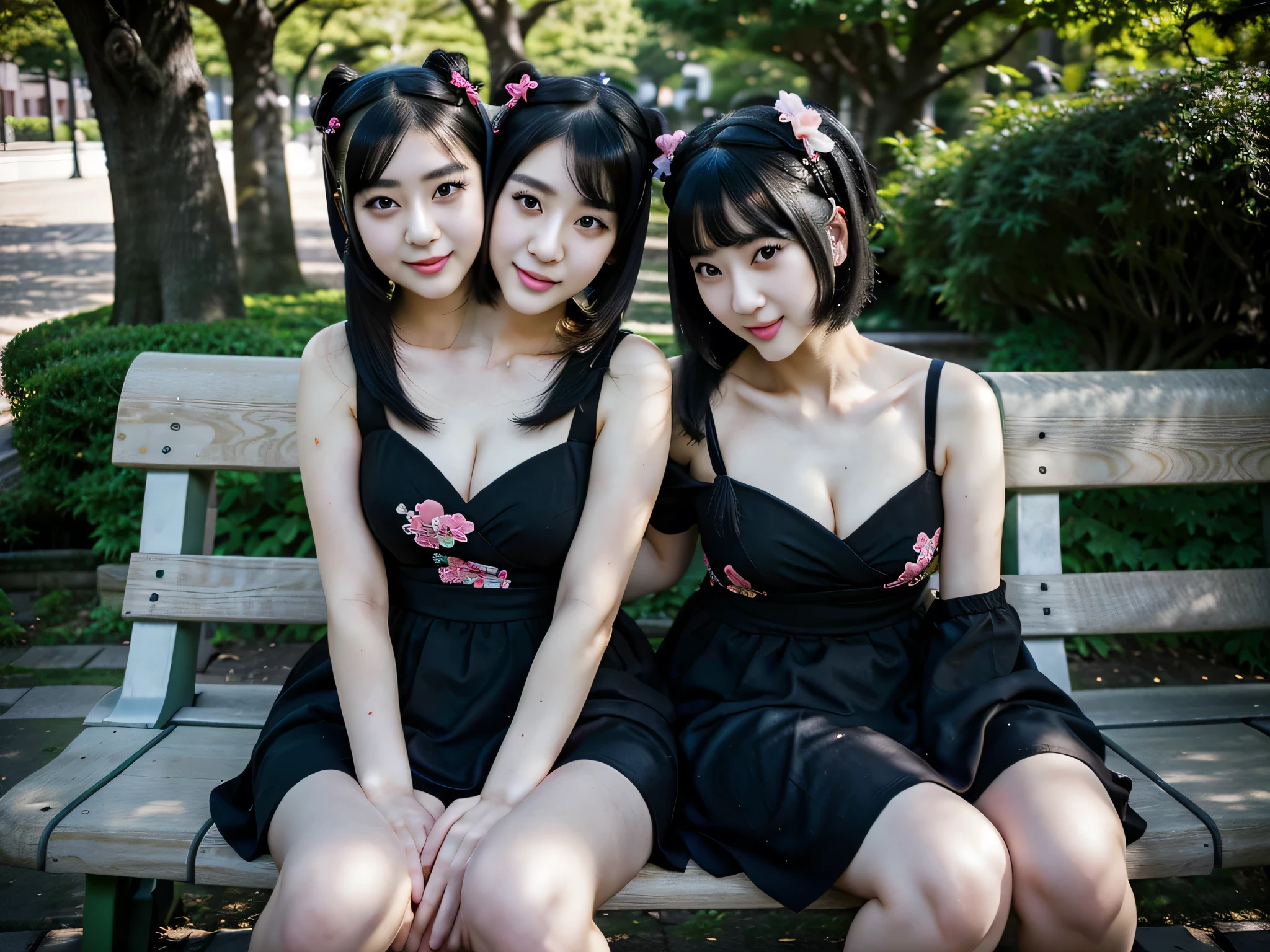 2heads, highly detailed, best resolution, closeup, two-headed girl, age 24, two heads on one body, Japanese, pale skin, black hair, happy, fun, cute, wearing a kawaii fashion hairpiece, black dress, sitting on a city park bench in Tokyo,