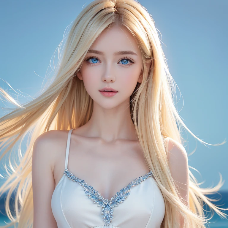 a slender, attractive, beautiful, innocent albino angel woman, golden halo, with wavy white hair, light greenish eyes, wearing a white Greek cap with golden details, against an illuminated sky background,