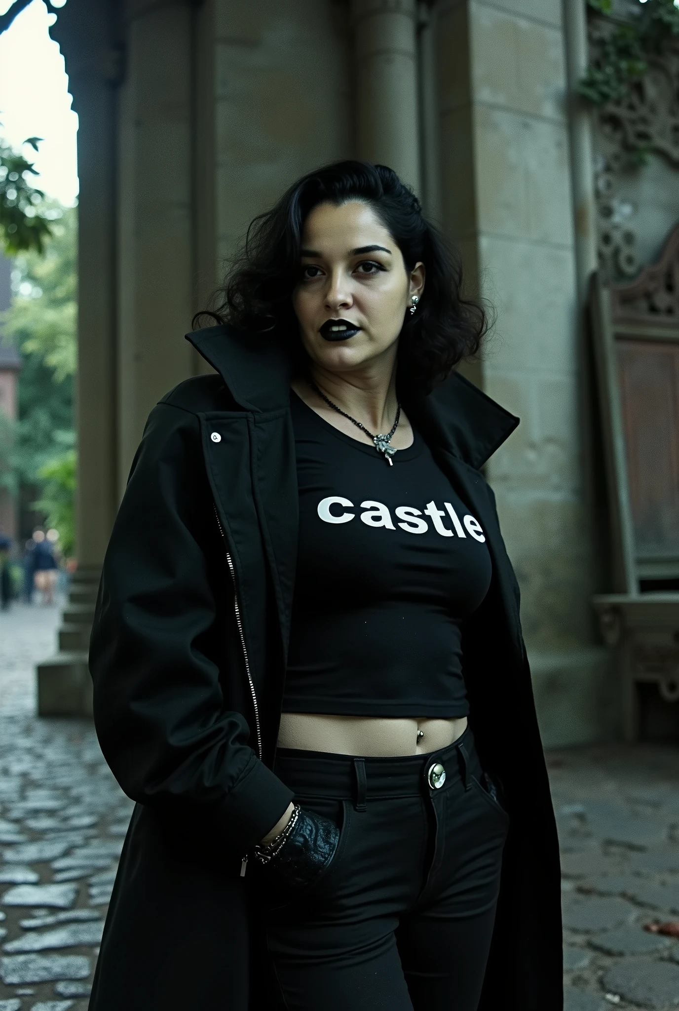 Black lipstick beautiful, full body, gothic, rocker, wearing a t-shirt with the text "Castle"