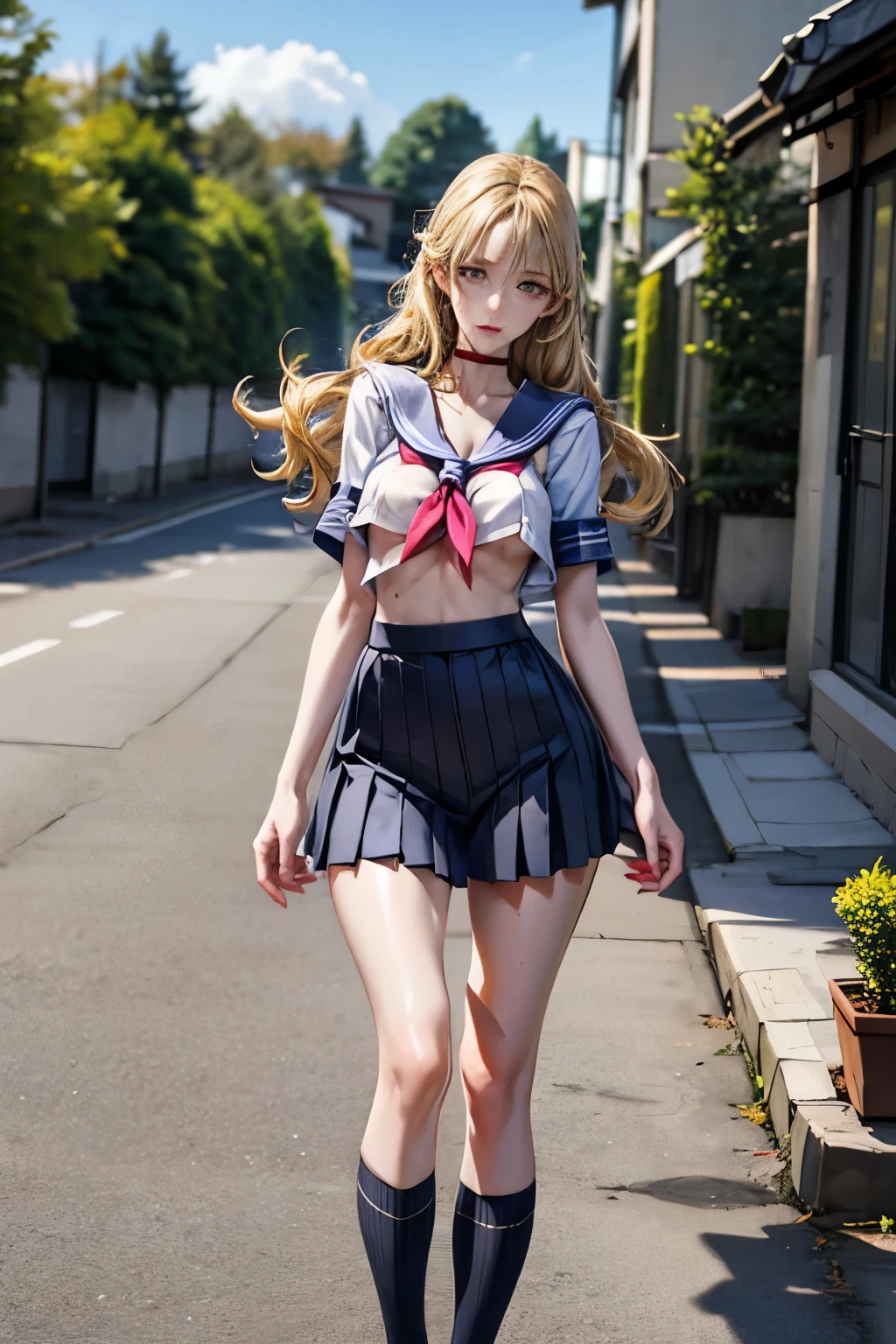 2.5D, 1girl, medium breasts, erect nipple, blonde hair, long hair, wavy hair, grey eyes, outdoors, japanese sailor uniform, choker, underboob, high waist-skirt, pleated