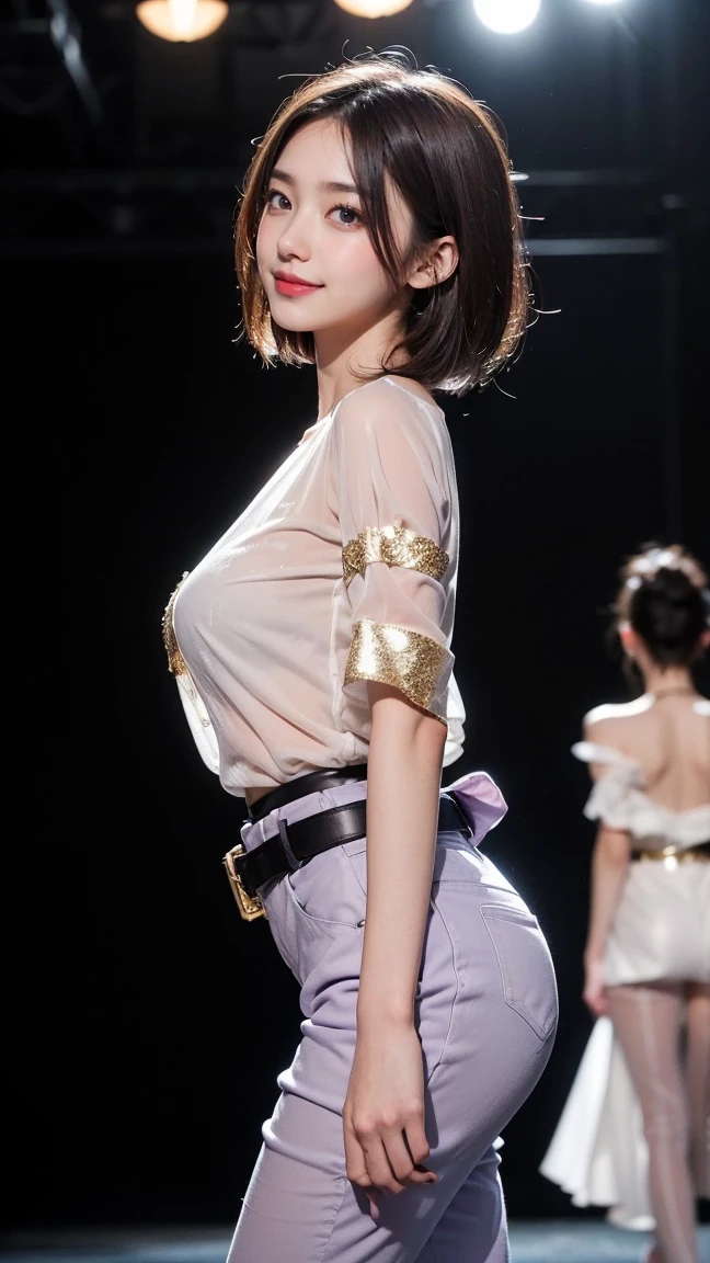 ((highest quality)), ((8K)), ((masterpiece: 1.3)), (Perfect appearance), (Photorealism: 1.6), (TI), (A woman standing in the middle of the stage: 1.8), (60 years old, Japanese Mature), (Blurred Background: 1.8), ((Standing, Look forward, A woman on the right side of the screen: 1.6)), ((Realistic skin texture)), (Fine wrinkles appear all over the skin: 1.3), (Dull skin), (Unmoisturized skin: 1.2) , (Facial wrinkles: 0.9), (Wrinkles around the eyes: 1.2), double eyelid, Lower eyelid tear trough, (Crying Mole: 0.9), Closed lips, Calm expression, (Dimples: 1.2), (Straight Hair), (Short Bob Hair), (Smooth hair), (Both ears are visible), (Slimming body: 1.4), (Saggy breasts), (Flaky, saggy breasts), (Open neck blouse), (Sheer blouse: 1.4), BREAK(Pale pink blouse),BREAK (Mermaid line long skirt), (High heels),