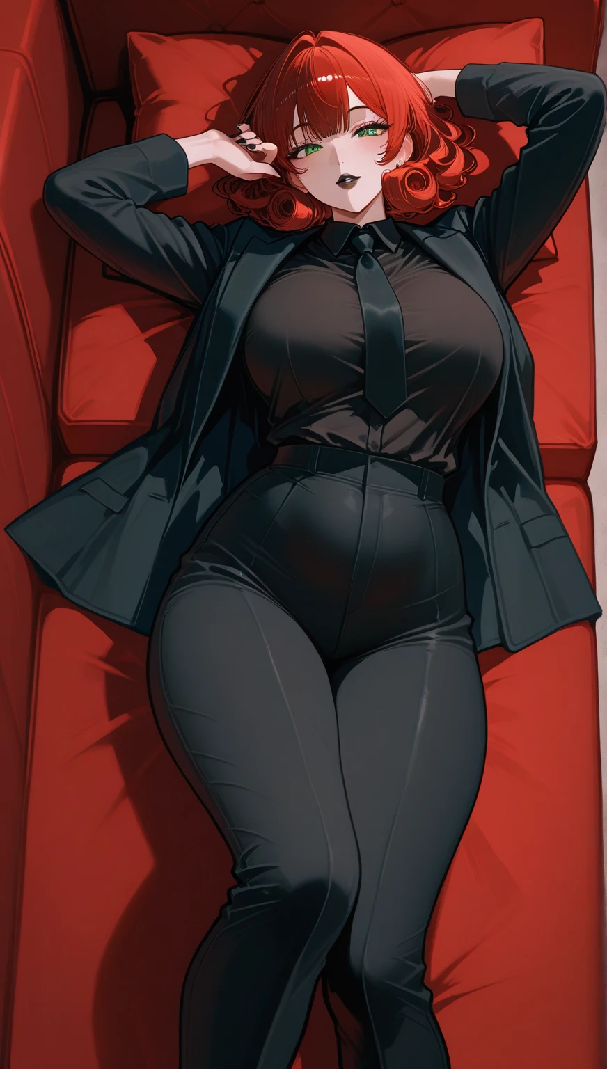 （（super high quality,））（（Ultra-high resolution,））（16K,）（super masterpiece,）（（Ultra HD ,））（Detailed shading,）Full body photo,One sexy mature woman,（（Red collared shirt,popped Tight collar,））Folded sleeves,Black long gloves,（Glossy black pants, Black long boots,）Black hair straight short,Sharp Eyes,blush,Sexy smile,Cleavage,Cross Necklace,（（Lying in bed,））Put your hands on your head,Body covered in sweat,