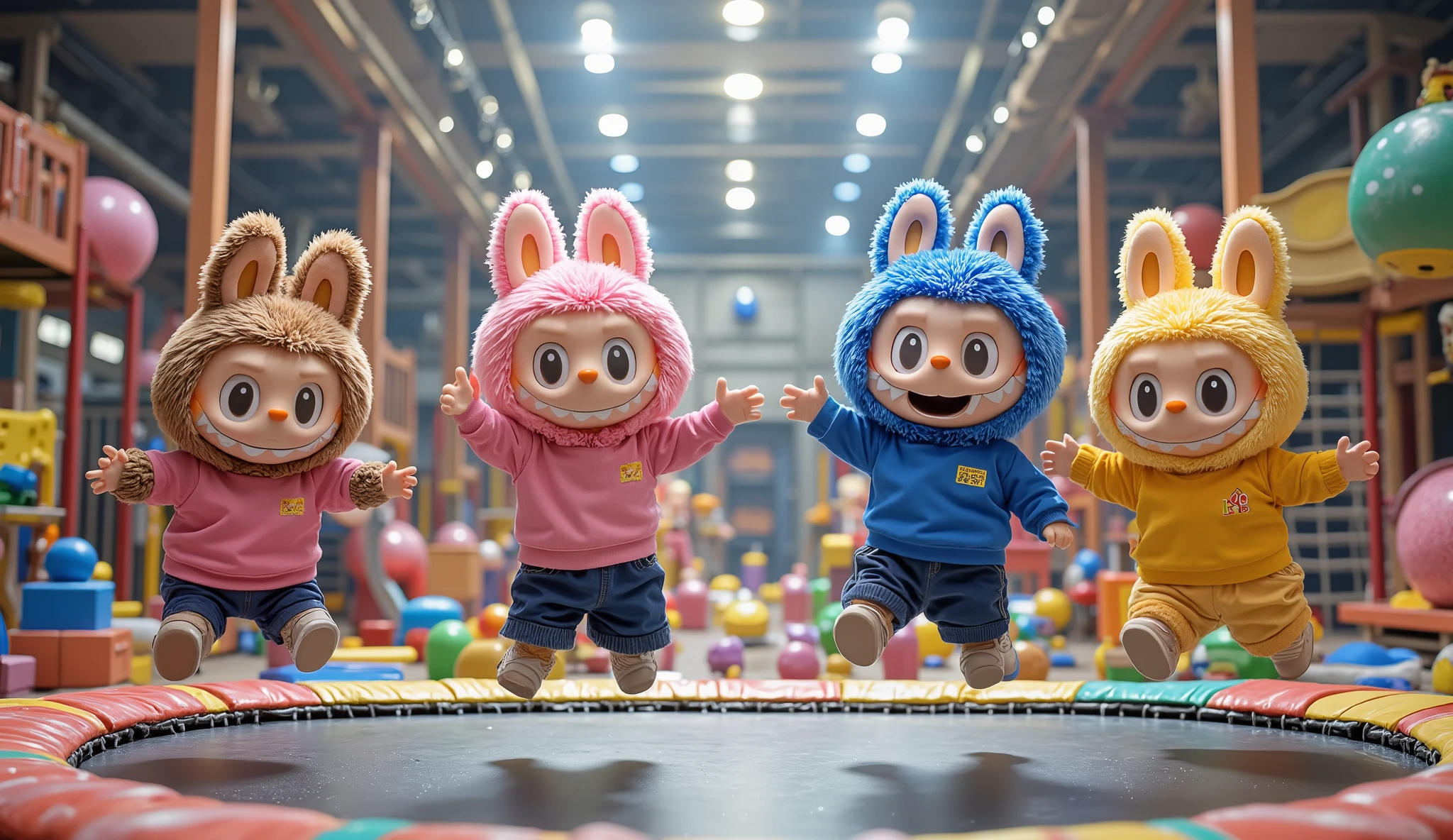Labubu Brown, Pink, Blue, and Yellow are joyfully bouncing on a trampoline in a school playground arena, captured from a front-facing perspective. They are all wearing their daily school uniforms, their small bodies mid-air with excited expressions. The vibrant playground setting features soft mats, safety nets, and other play structures in the background, creating a lively and fun atmosphere.