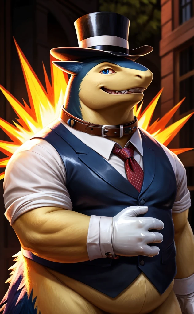 (best quality,4k,8k,highres,masterpiece:1.2),ultra-detailed,realistic:1.37,huge, squatting, muscular Typhlosion, with a giant hyper penis, ejaculating sperm from penis, large neck, clenching teeth, clenching fists, wearing a business suit, white short sleeved shirt and red tie, navy-blue pants,shirt with buttons,shirt with leather collar,wearing a thick glossy black leather dog collar, Typhlosion is wearing a thick leather dog collar around the neck,silver studs around the collar,long tail,smooth texture,sturdy posture,strong arms,bulging muscles,bright colors,sharp focus,natural lighting,physically-based rendering,bokeh,portrait,creature,animal,artistic style, Typhlosion is wearing both a business suit and thick black leather dog collar at the same time, Thick black leather dog collar is shiny and extremely detailed, Typhlosion wearing a fancy leather dog collar around the neck, leather dog collar is glossy in texture, Typhlosion has a large neck vein, partial neck bulge, shooting sperm from penis, clutching penis with hand, bulging penis, spraying sperm everywhere, penis has a large vein, rubbing penis with hand, orgasm face, evil grin, stroking penis with hand, bulging penis, Black leather collar is thick, black leather collar is shiny and extremely detailed.