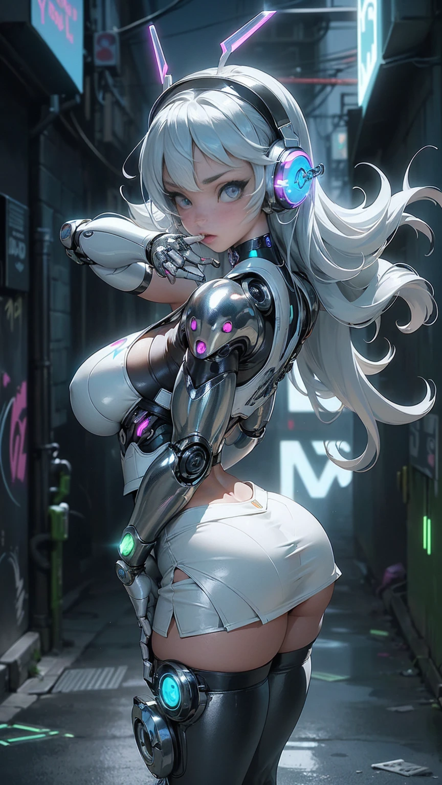 Asian woman in futuristic white clothes, Miniskirt balances, Standing on the edge of the roof of a skyscraper, Outstretched arms, Neon Night, ciberpunk, makoto sinkai, Cinematic