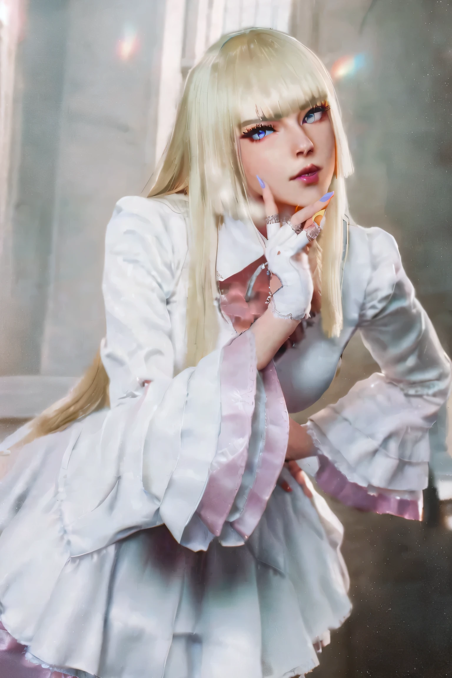 Masterpiece , better quality, Tekken 8 _Lily, pink stockings, blue eyes, nail polish , blonde, long hair, from below, stunning burning background , looks at the viewer, crossed legs , ,