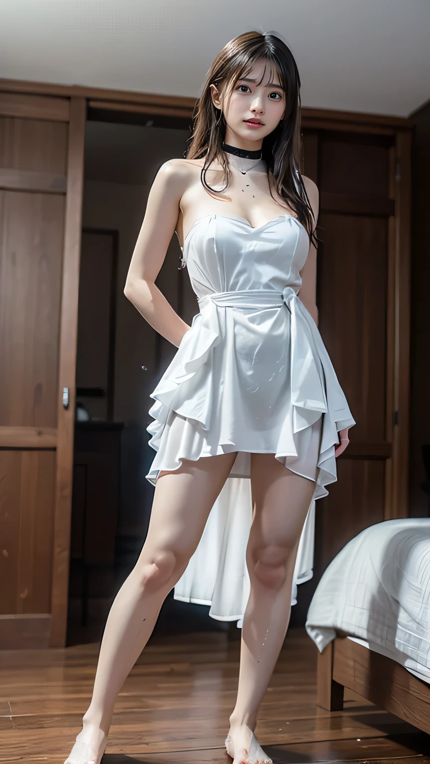 ((Highest quality,4K,High resolution,masterpiece:1.2)),((Character Concept Art)), 1 female, 20-year-old women, ((Shoulder-length brown hair、Hair curled loosely inwards)), (Skin as white as snow), Very detailed eyes (Brown Eye Color), have confidence, beautiful, slim body build, ((Intricate details)), Very finely crafted needles, Very finely crafted fingers(((10 fingers))), Wearing a white silk blouse with large vertical ruffles, Grey mini school skirt, Black 12cm heels, (Full-body showcase), (Show whole body),A shy smile、In the school hallway、They are running towards us at full speed.:1.4