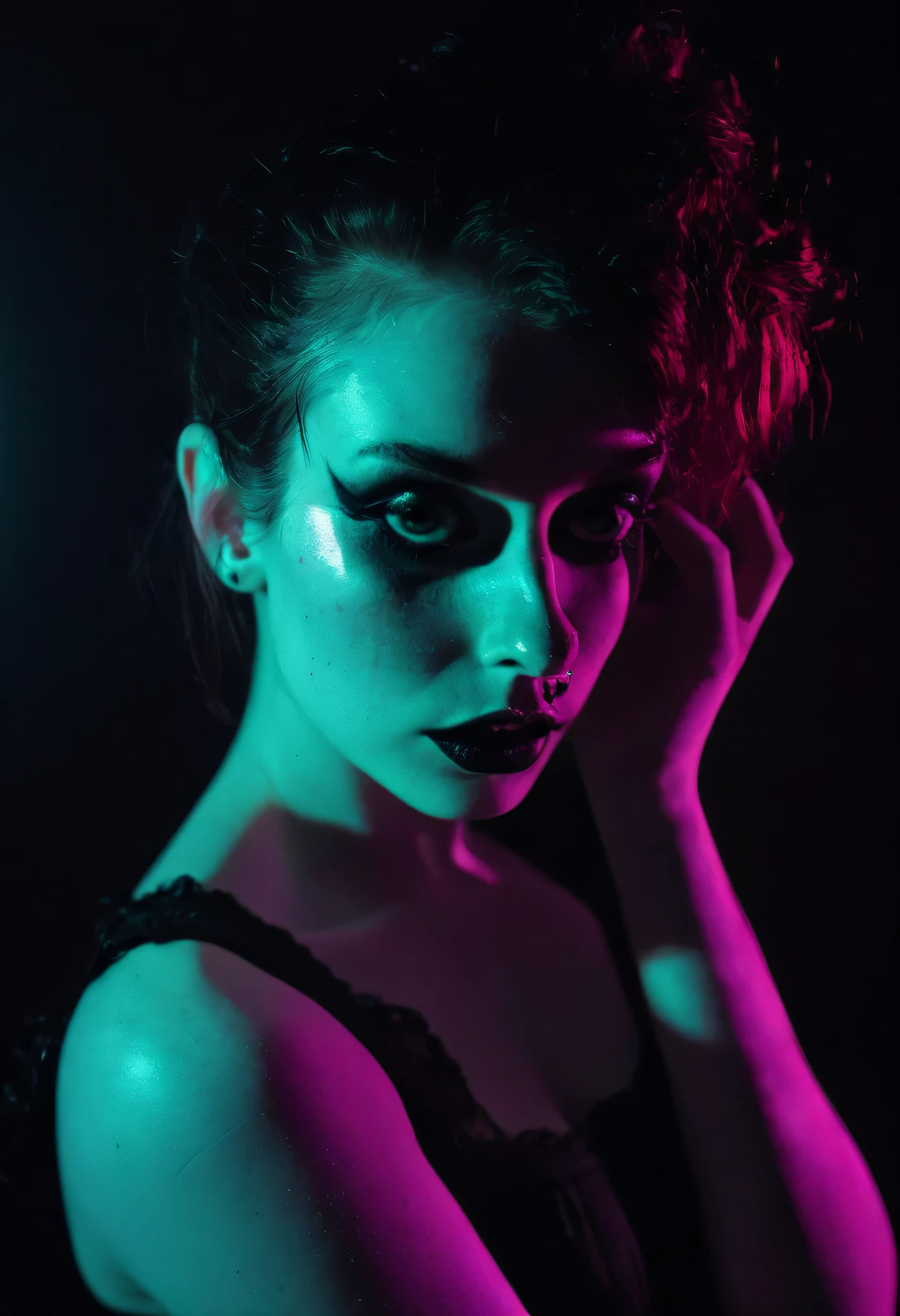 score_9,score_8_up,score_7_up,1girl,goth,pale skin,(freckles:0.6),(dramatic lighting:0.8),neon lighting,rembrandt lighting,noir,pinup,portrait,