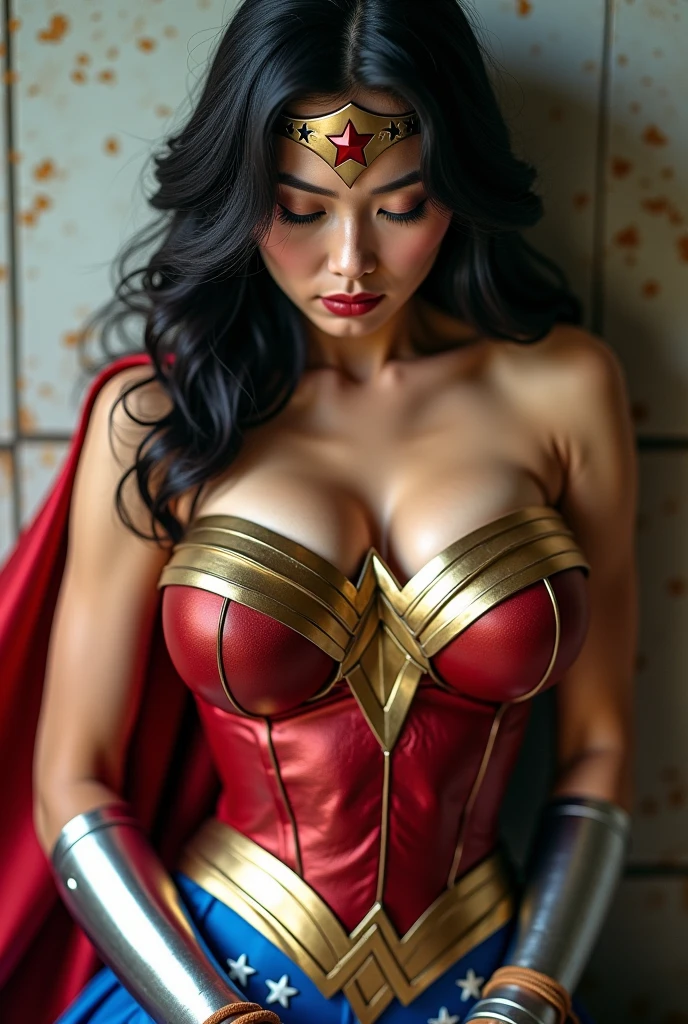 girl, beautiful, red lips, gloves, cluster, wet skin, some torn on clothes, much chain on body, good body, medium booty, thousand chain on body to outside, open half breast, naughty, squirt face, wave gold long hair, supergirl costume, jump, many torn on clothes