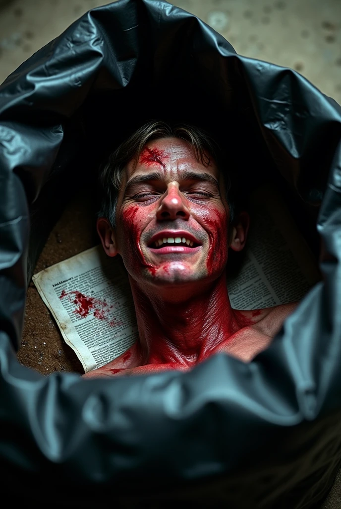 create a scene : Where a guy covered with blood, crying in front of a mirror. With open body.