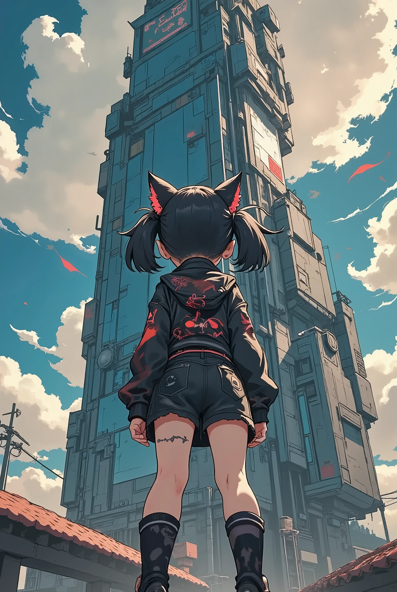 (masterpiece, top quality:1.2),Alone,a cute evil punk cat girl:0.7/(fluffy black cat-ear,black hair,twin tails hair,pale skin,simple cyber punk clothes,casual style),she looks up (((one very tall futuristic building))),Back view、Composition of looking up at a building from a girl's feet,focus on the vast sky,dynamic cut,rough anime,strong color