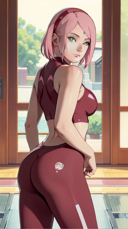 Masterpiece, stunning realistic, best quality, sharpness, 1 girl,sakura haruno,forehead mark,pink hair,green eyes,red hairband,perfect round ass,big ass,ass support,auf einen balkon anlehnen,focus on ass,looking at the viewer,tanktop,tight leggins,