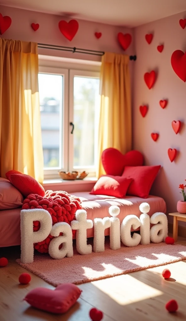 A captivating and romantic 3D representation of the name "Marta" artfully crafted from a charming array of fluffy red heart-shaped pillows, meticulously arranged to form the letters. Smaller pillows adorn the sides, creating a charming and whimsical display. The cozy and warm room has cream-colored walls and wooden floors, giving off an atmosphere of intimacy and comfort. Soft sunlight streams in through a large window, softly illuminating the heartfelt creation and enhancing the overall cozy ambiance. This lovely image is perfect for a Valentine's Day display and shows a combination of photography, illustration and typography, 3D rendering, photography, typography, illustration.