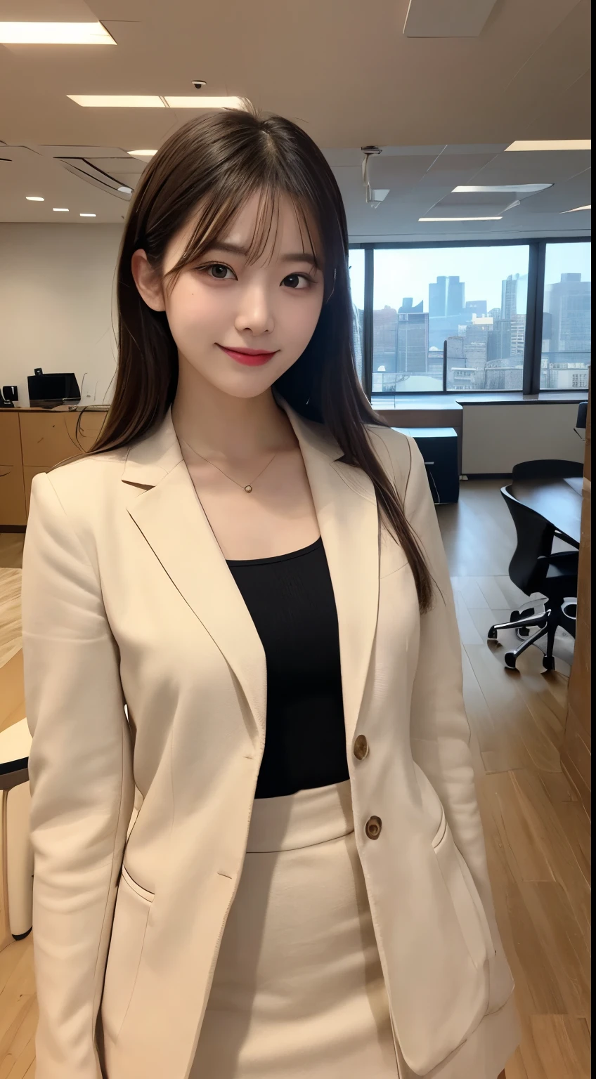(A GIRL: 1.6), (lora:russianDoll:0.4), (lora:TaiwanDoll:0.4), (best quality, 8k, masterpiece: 1.3), focus 1.2, perfect body beauty: 1.4, highly detailed face and skin texture, detailed eyes, double eyelids, whitened skin, long hair split edges, (round face: 1.5)), perfect fingers, perfect limbs, looking at the audience, leaking teeth and laughing, secretary, assistant, business suit, Tight skirt, legs, sitting in skyscraper office using computer, sitting next to audience, window, sunset, (full body: 1.1), computer, monitor, laptop, documents, bookshelf, office materials
