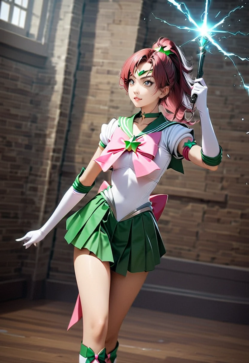  1 girl completely naked, The Holy Warrior Thunder 、 Sailor Jupiter,  Pretty Black and Red Two-tone Hair ,  Elegant Fine Eyes ,   Detailed facial features  , long eyelashes,  lips with beautiful details, Graceful and Detailed Poses ,  very detailed,  Masterpiece, 4K,  women are super real,  photorealistic,  cinematic lighting,   dynamic composition ,  intricate details,  vibrant colors,  dynamic action， Soft, Dreamy Atmosphere ,  Magical Girl fantasy,   full body shot ,  Sailor Jupiter,  Magical Girl、 Green and White Sailor Suit、green collar、 pink ribbon、 choker、 tiara 、（white and green rimmed boots 、 elbow length gloves with white green rims）